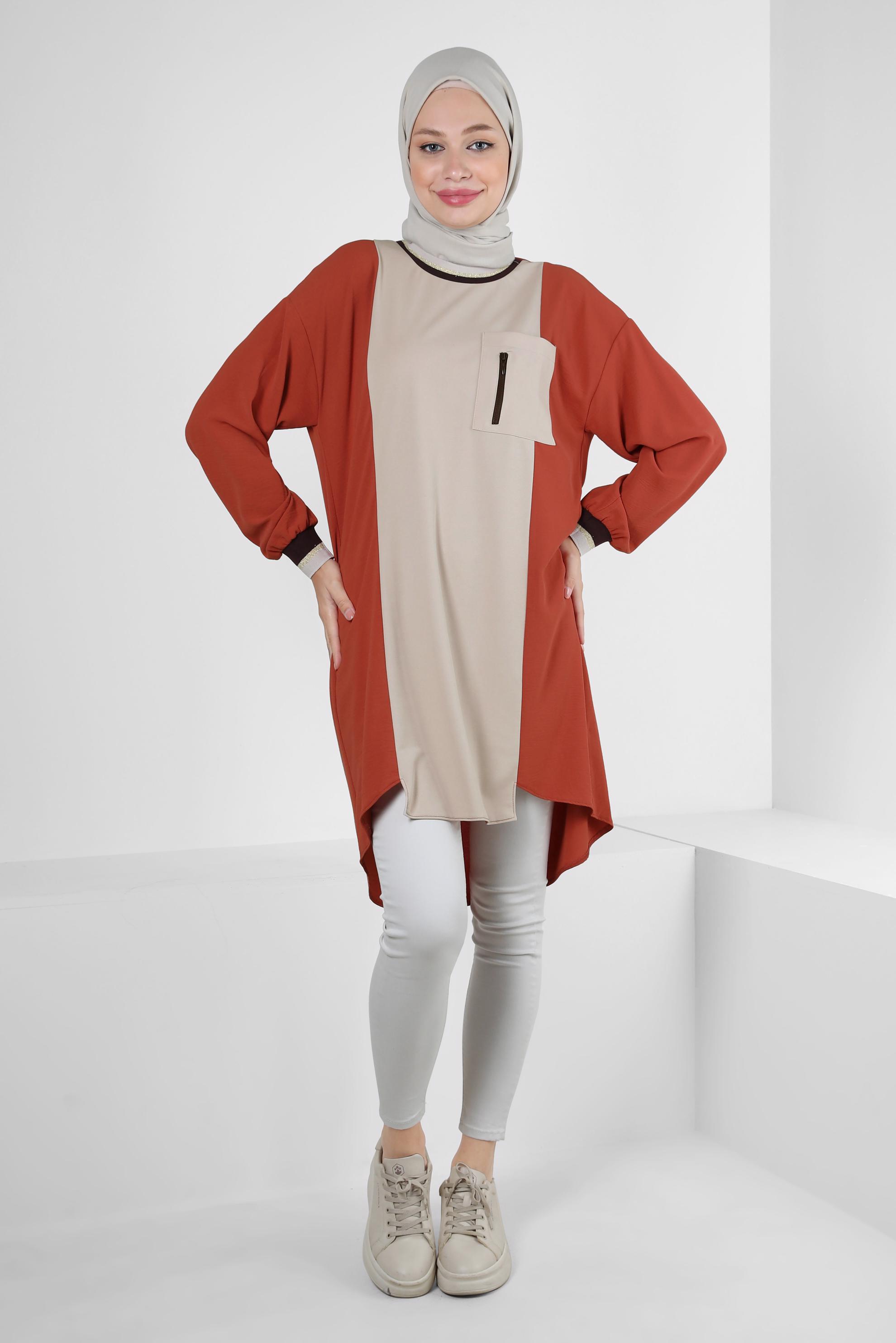 Tesettür giyim TURUNCU MANŞETLERİ LASTİKLİ İKİ RENKLİ TUNİK 43914