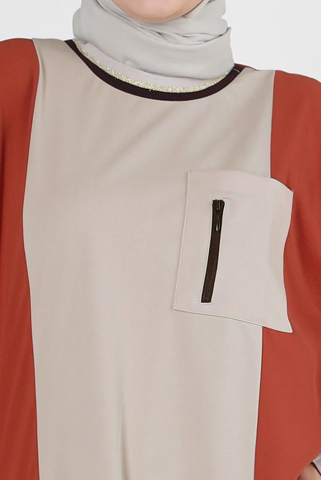 Tesettür giyim TURUNCU MANŞETLERİ LASTİKLİ İKİ RENKLİ TUNİK 43914 - ALVİNA
