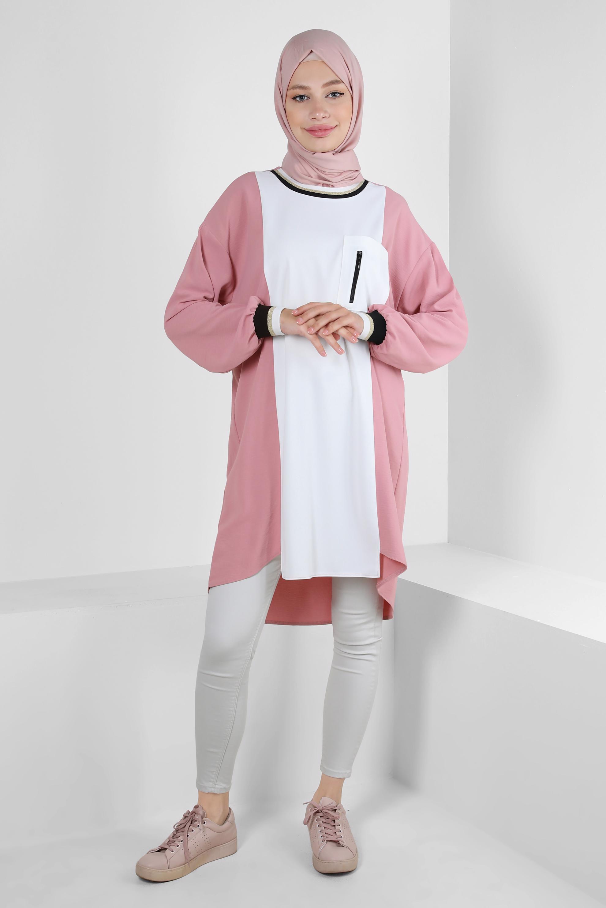 Tesettür giyim PUDRA MANŞETLERİ LASTİKLİ İKİ RENKLİ TUNİK 43914