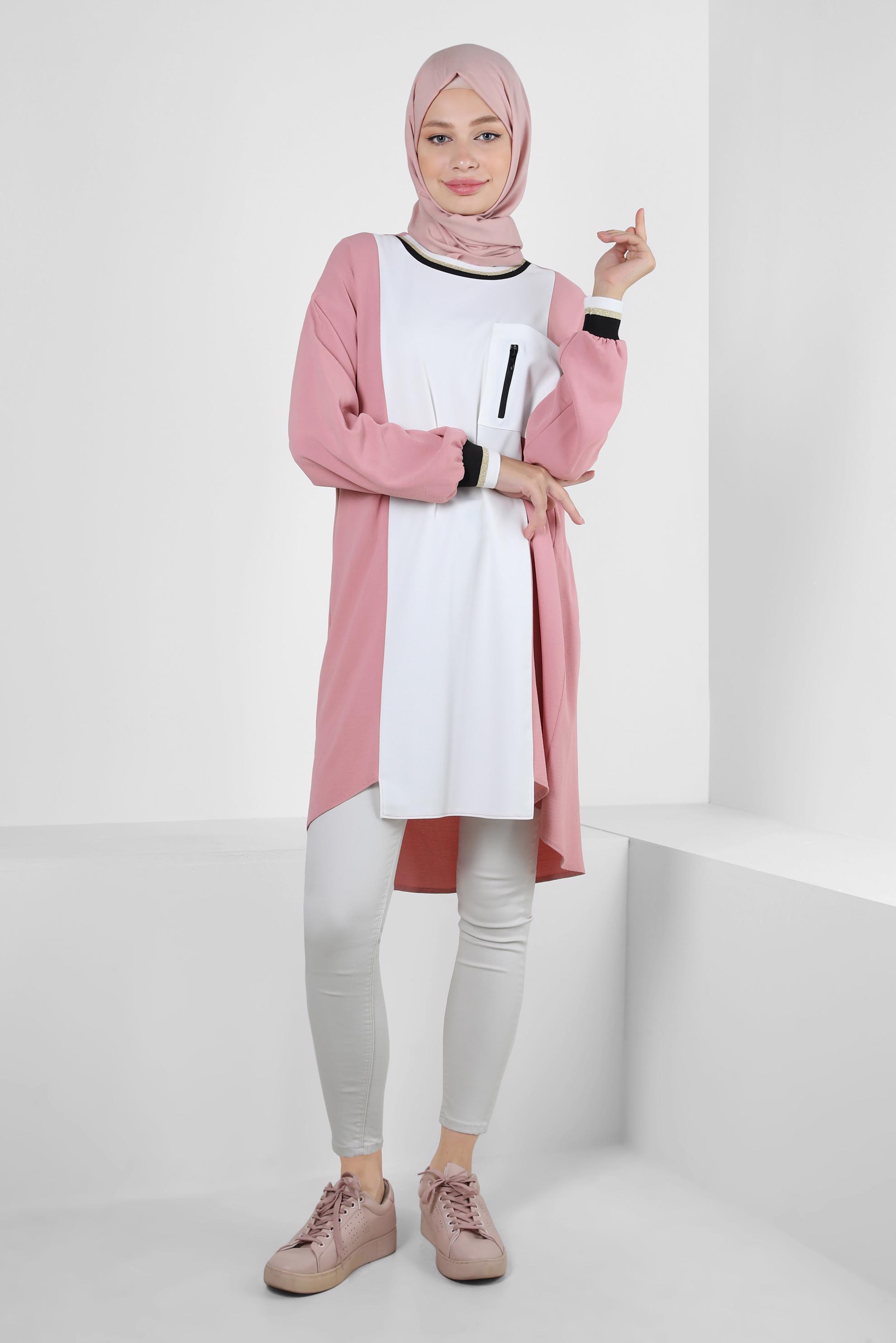 Tesettür giyim PUDRA MANŞETLERİ LASTİKLİ İKİ RENKLİ TUNİK 43914