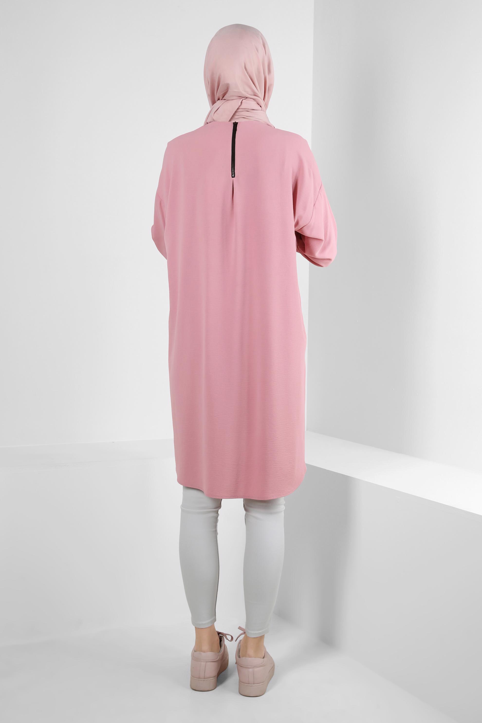 Tesettür giyim PUDRA MANŞETLERİ LASTİKLİ İKİ RENKLİ TUNİK 43914