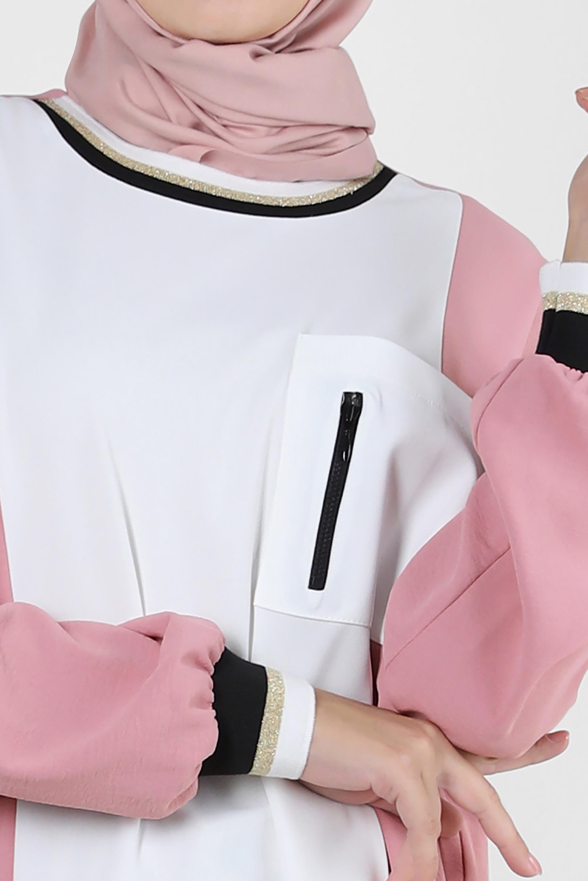 Tesettür giyim PUDRA MANŞETLERİ LASTİKLİ İKİ RENKLİ TUNİK 43914