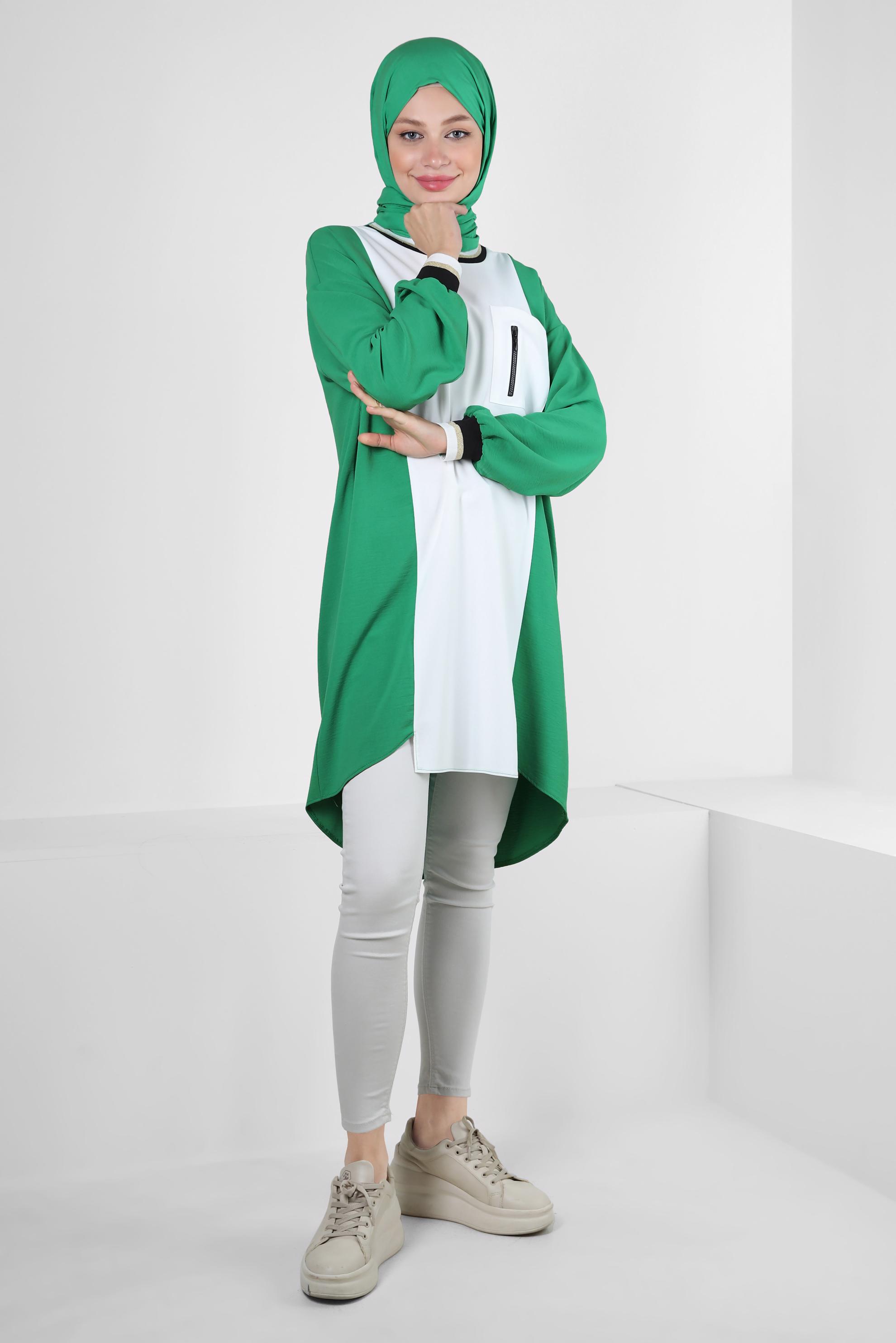 Tesettür giyim YEŞİL MANŞETLERİ LASTİKLİ İKİ RENKLİ TUNİK 43914