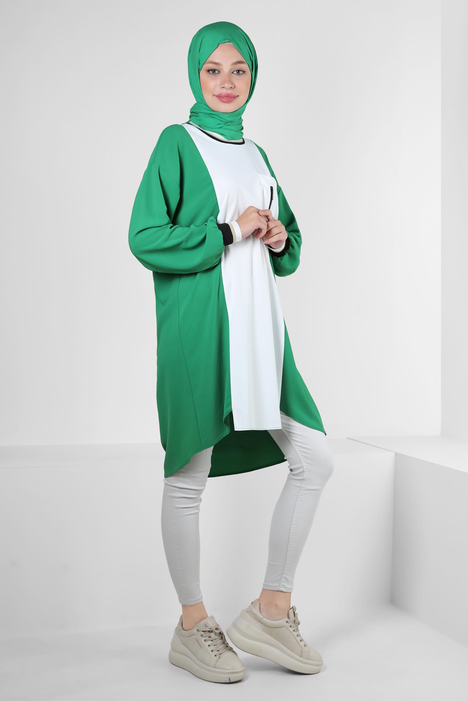 Tesettür giyim YEŞİL MANŞETLERİ LASTİKLİ İKİ RENKLİ TUNİK 43914