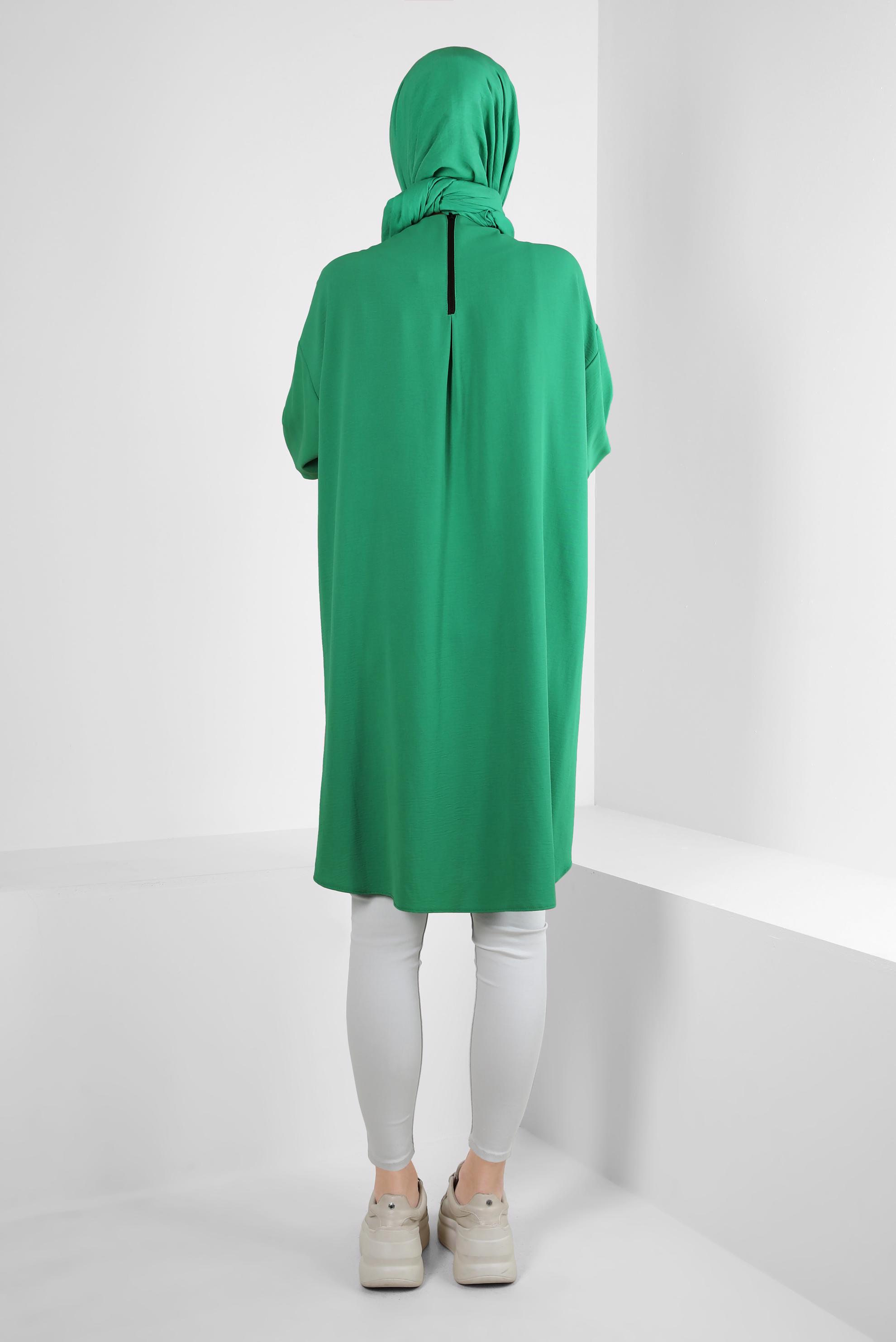 Tesettür giyim YEŞİL MANŞETLERİ LASTİKLİ İKİ RENKLİ TUNİK 43914