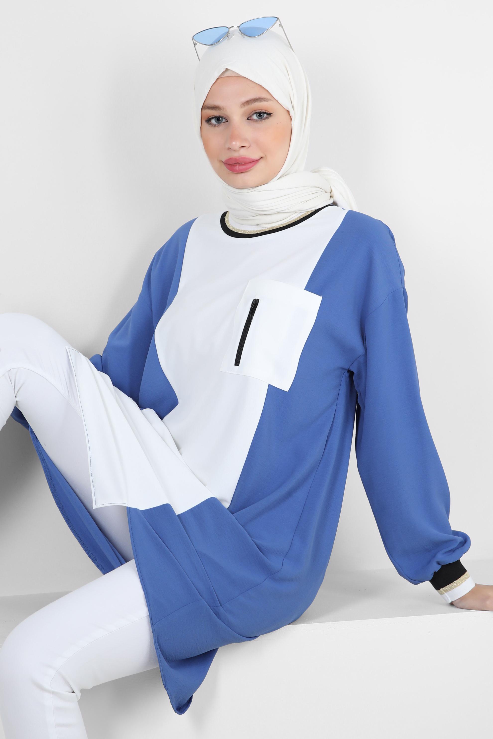 Tesettür giyim LACİVERT MANŞETLERİ LASTİKLİ İKİ RENKLİ TUNİK 43914