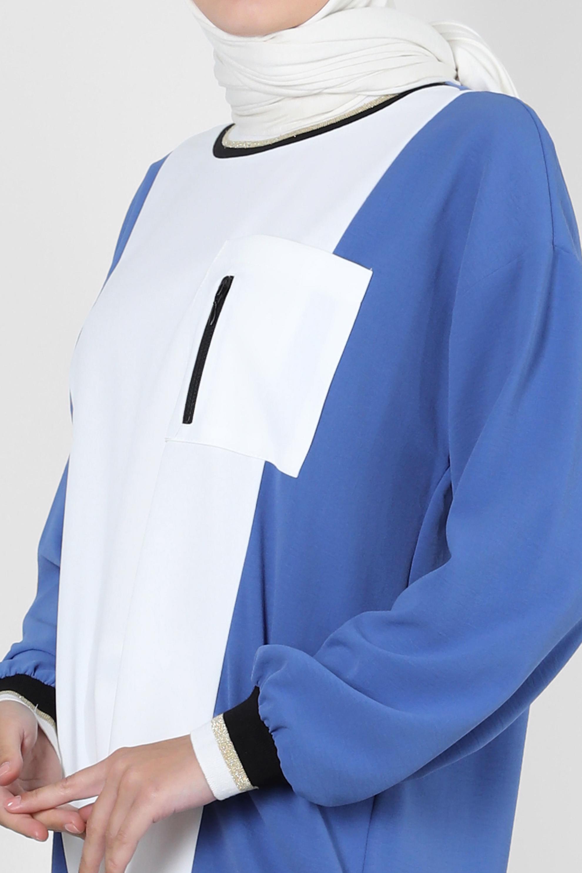 Tesettür giyim LACİVERT MANŞETLERİ LASTİKLİ İKİ RENKLİ TUNİK 43914