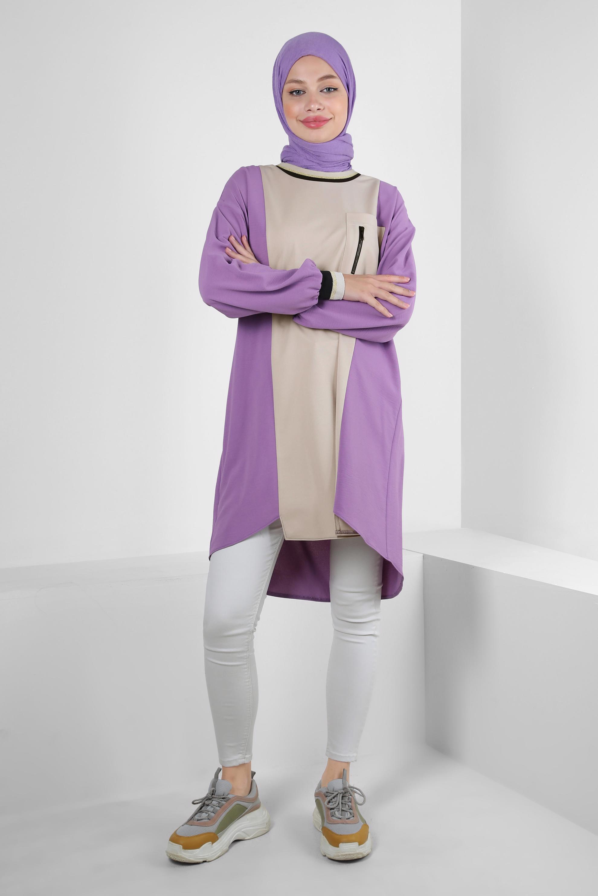 Tesettür giyim MOR MANŞETLERİ LASTİKLİ İKİ RENKLİ TUNİK 43914