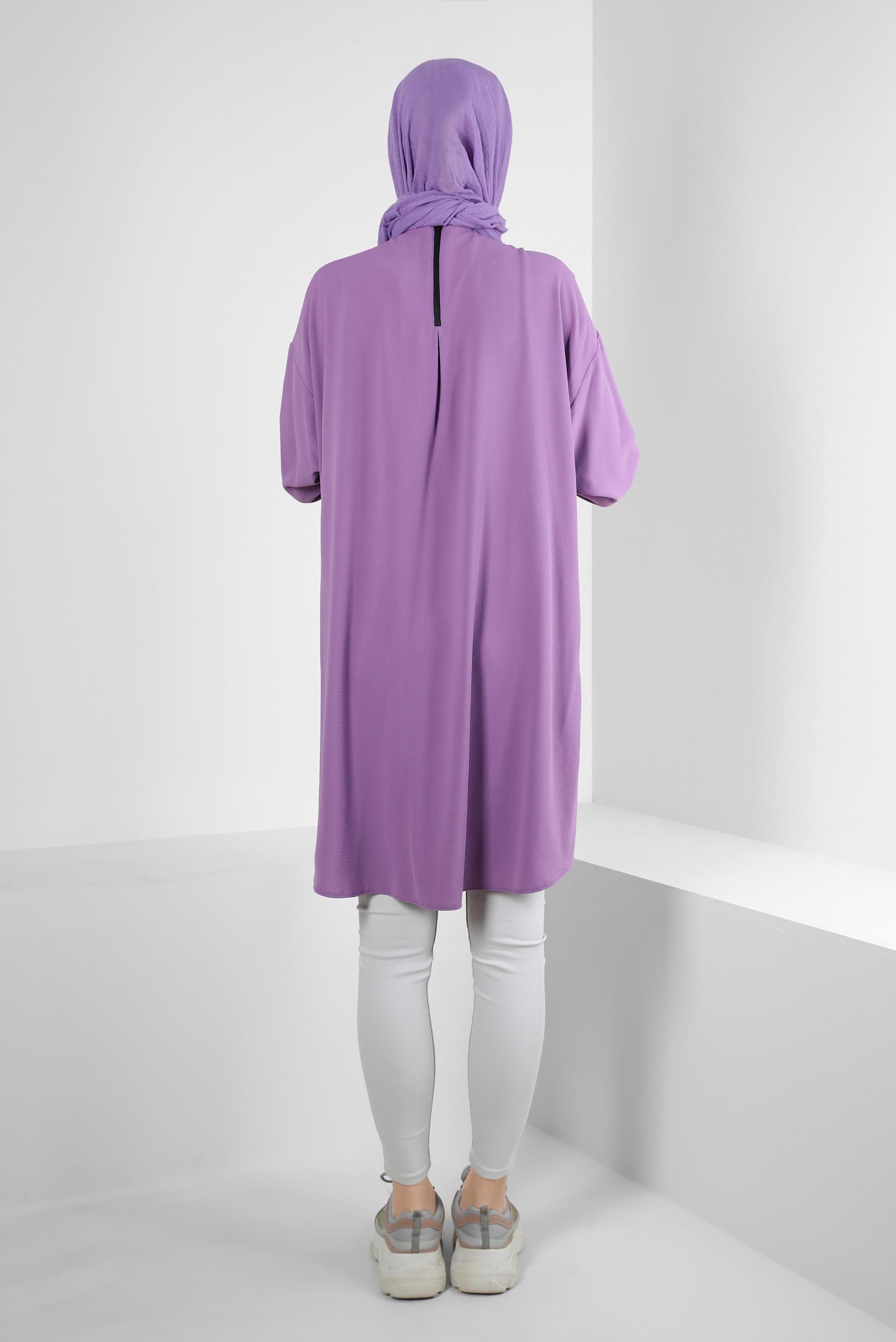 Tesettür giyim MOR MANŞETLERİ LASTİKLİ İKİ RENKLİ TUNİK 43914