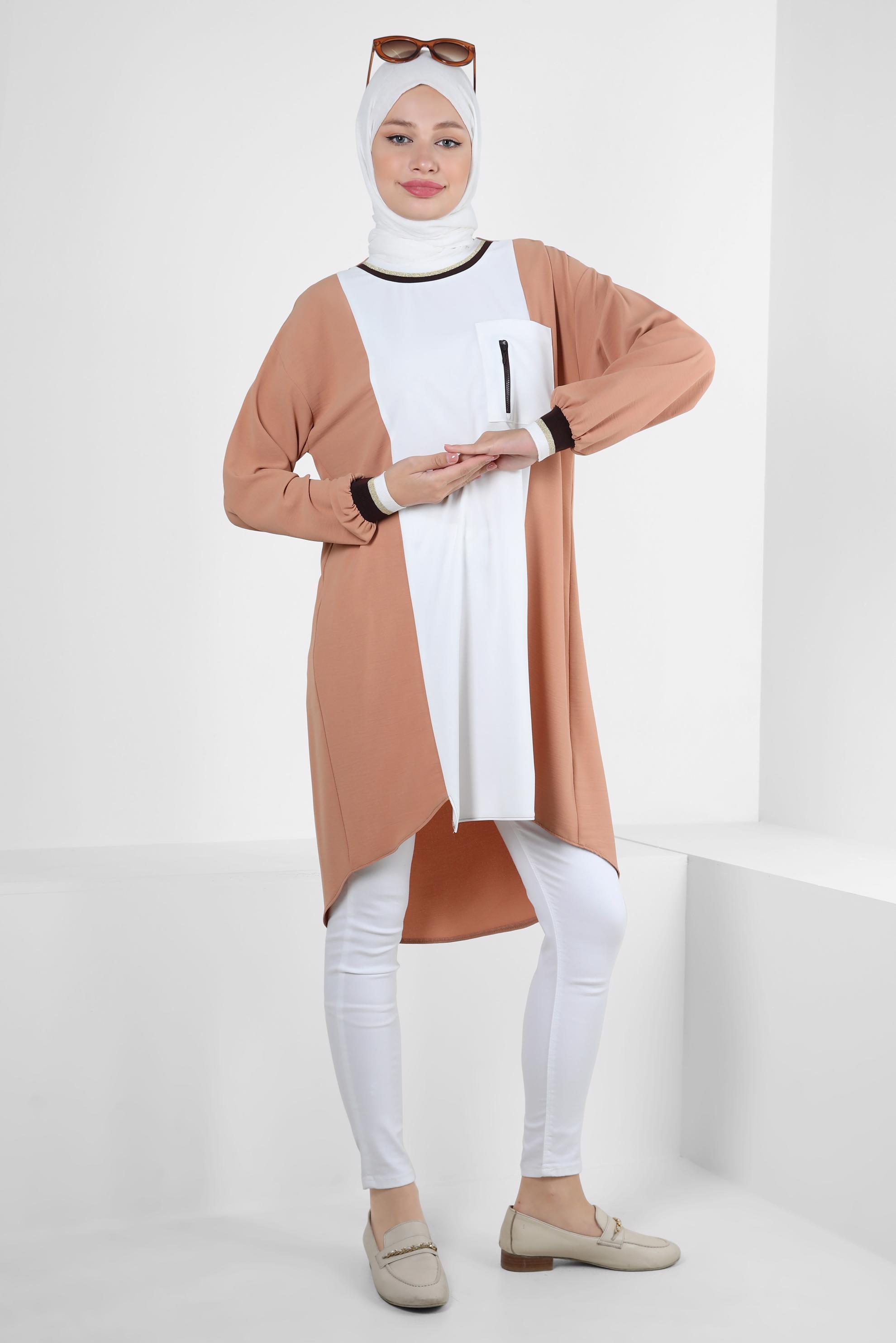 Tesettür giyim KAHVE MANŞETLERİ LASTİKLİ İKİ RENKLİ TUNİK 43914