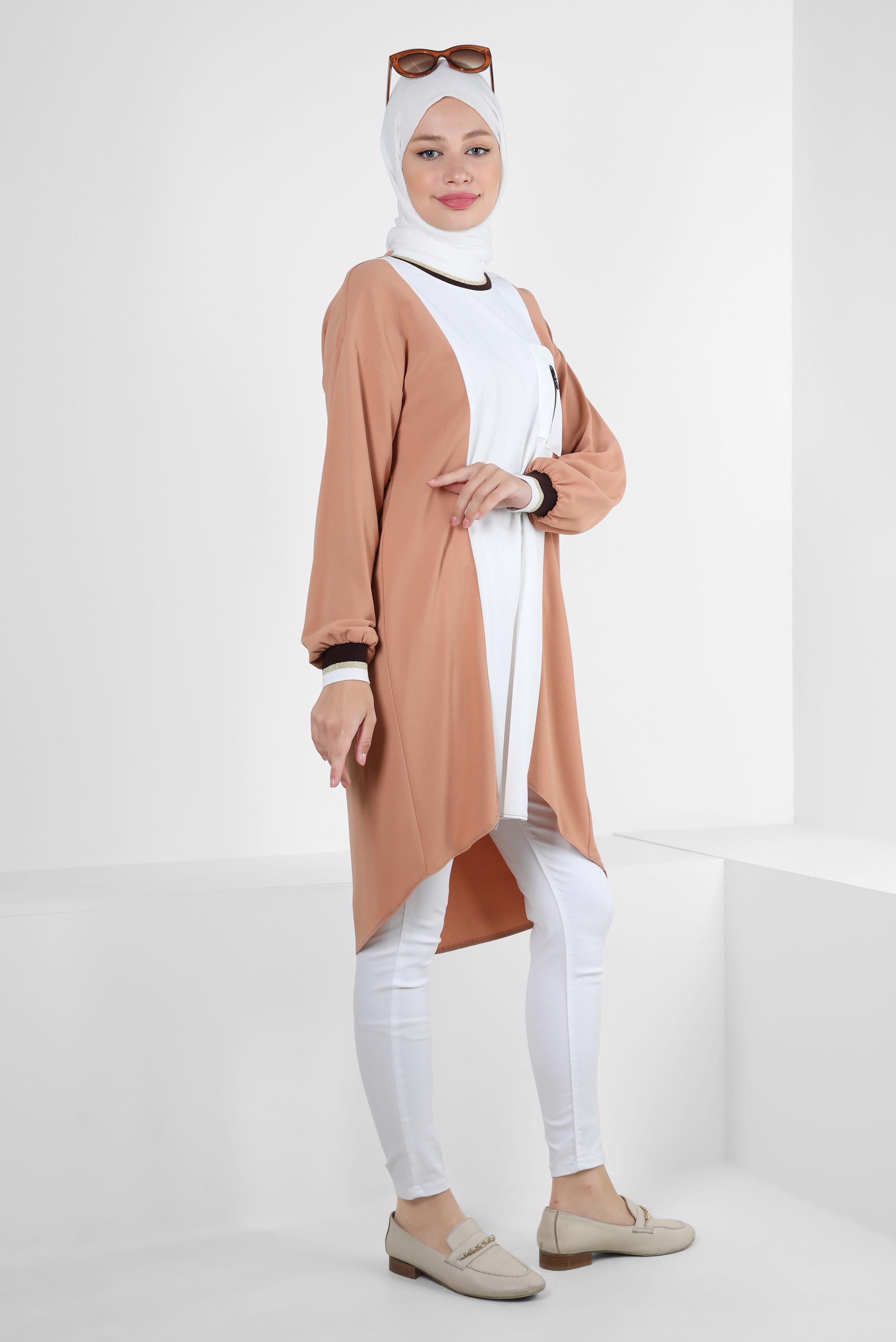 Tesettür giyim KAHVE MANŞETLERİ LASTİKLİ İKİ RENKLİ TUNİK 43914