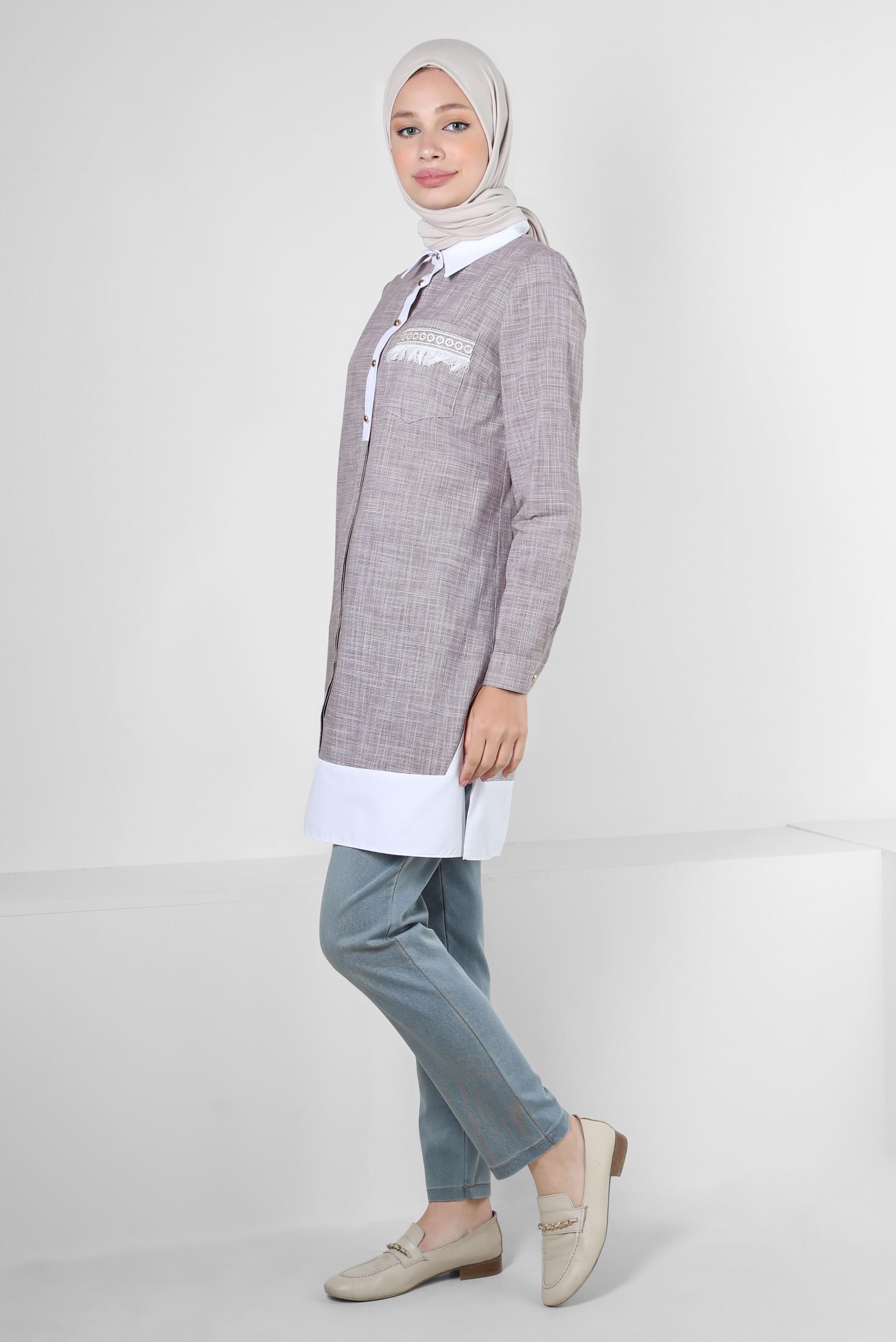 Tesettür giyim KAHVE İŞLEME DETAYLI DÜĞMELİ TUNİK 43915