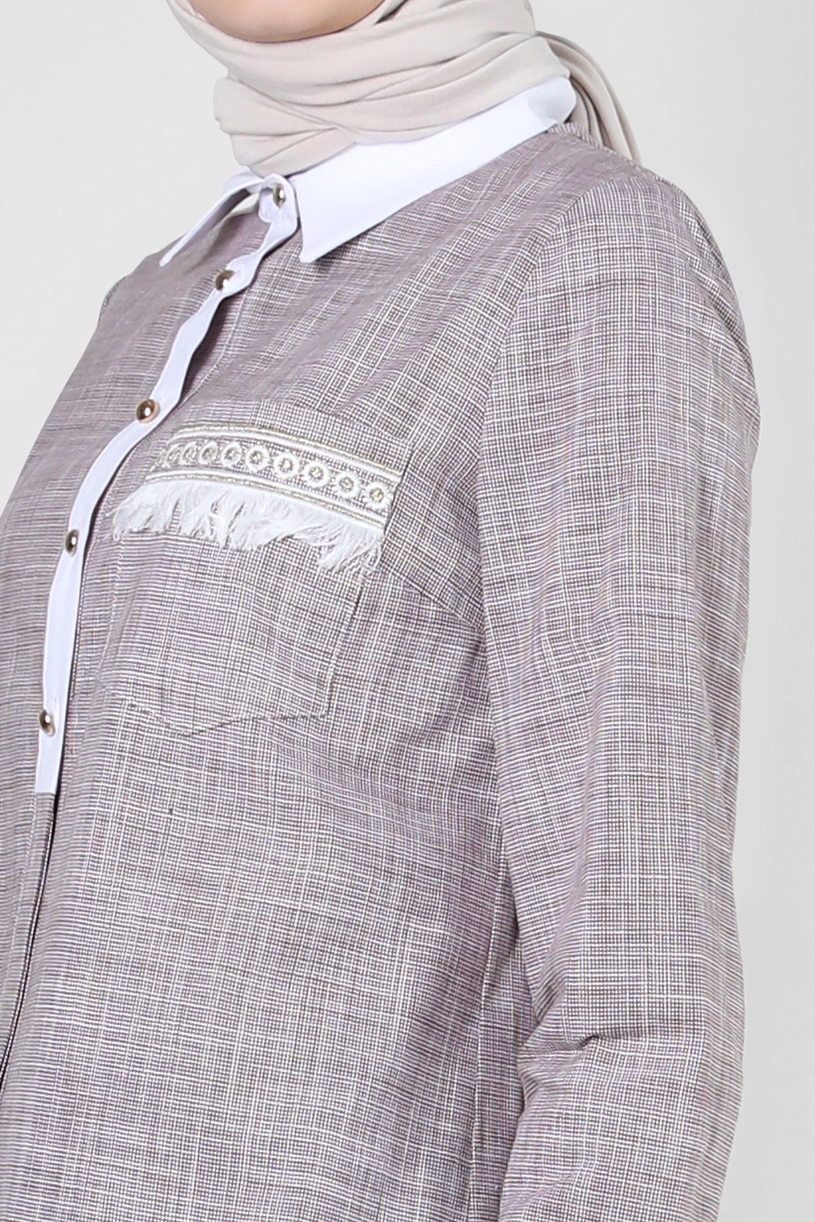 Tesettür giyim KAHVE İŞLEME DETAYLI DÜĞMELİ TUNİK 43915