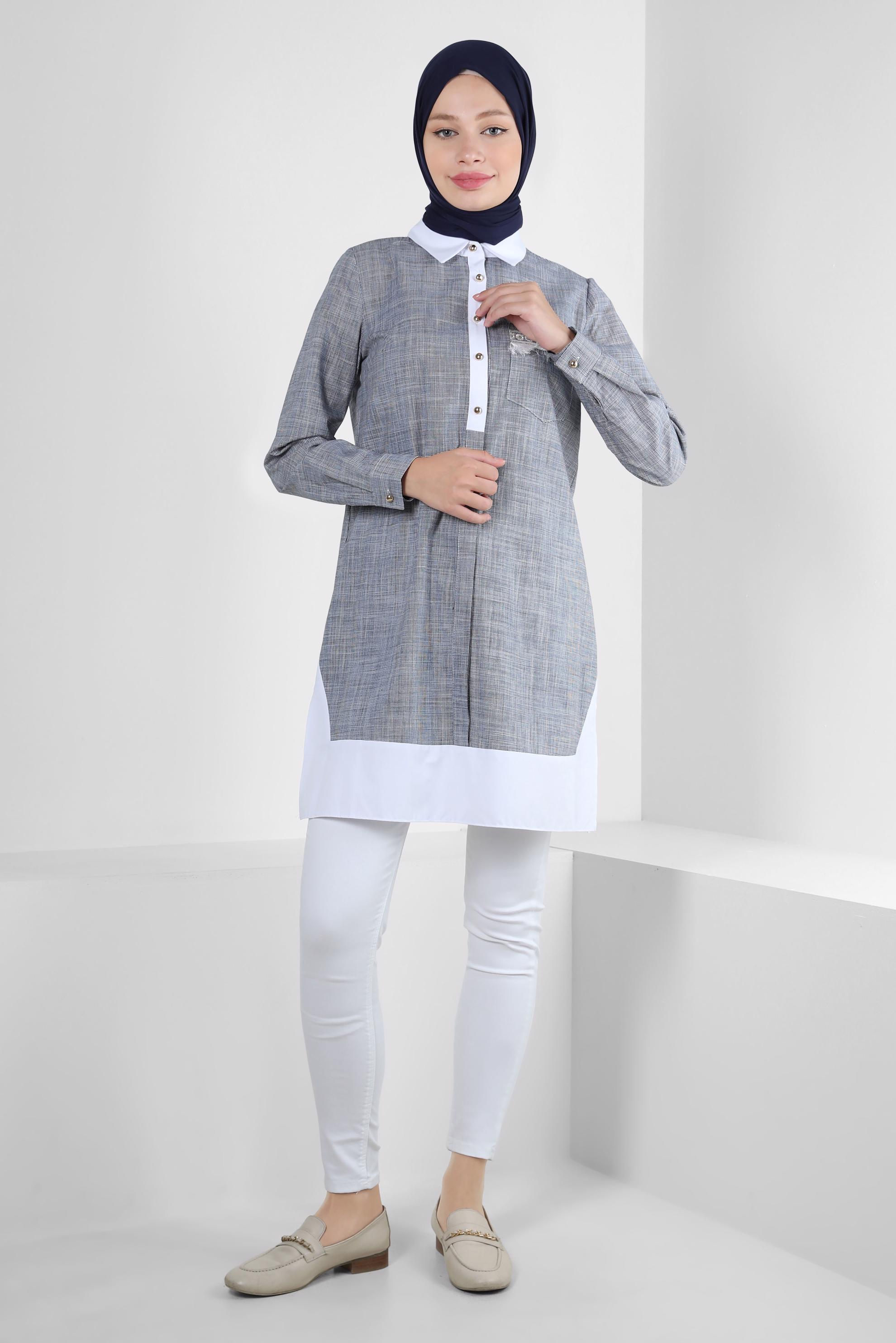 Tesettür giyim LACİVERT İŞLEME DETAYLI DÜĞMELİ TUNİK 43915