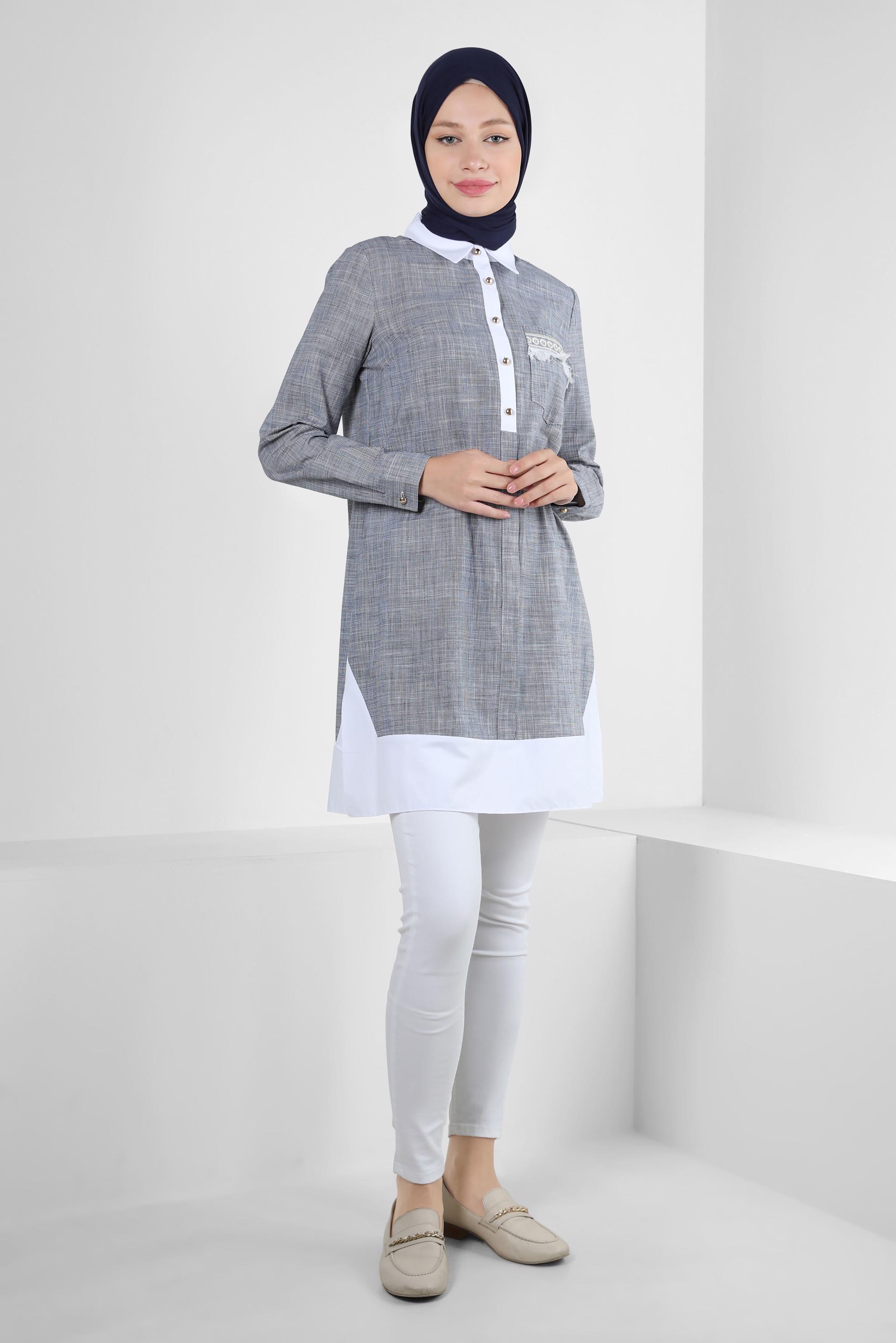 Tesettür giyim LACİVERT İŞLEME DETAYLI DÜĞMELİ TUNİK 43915