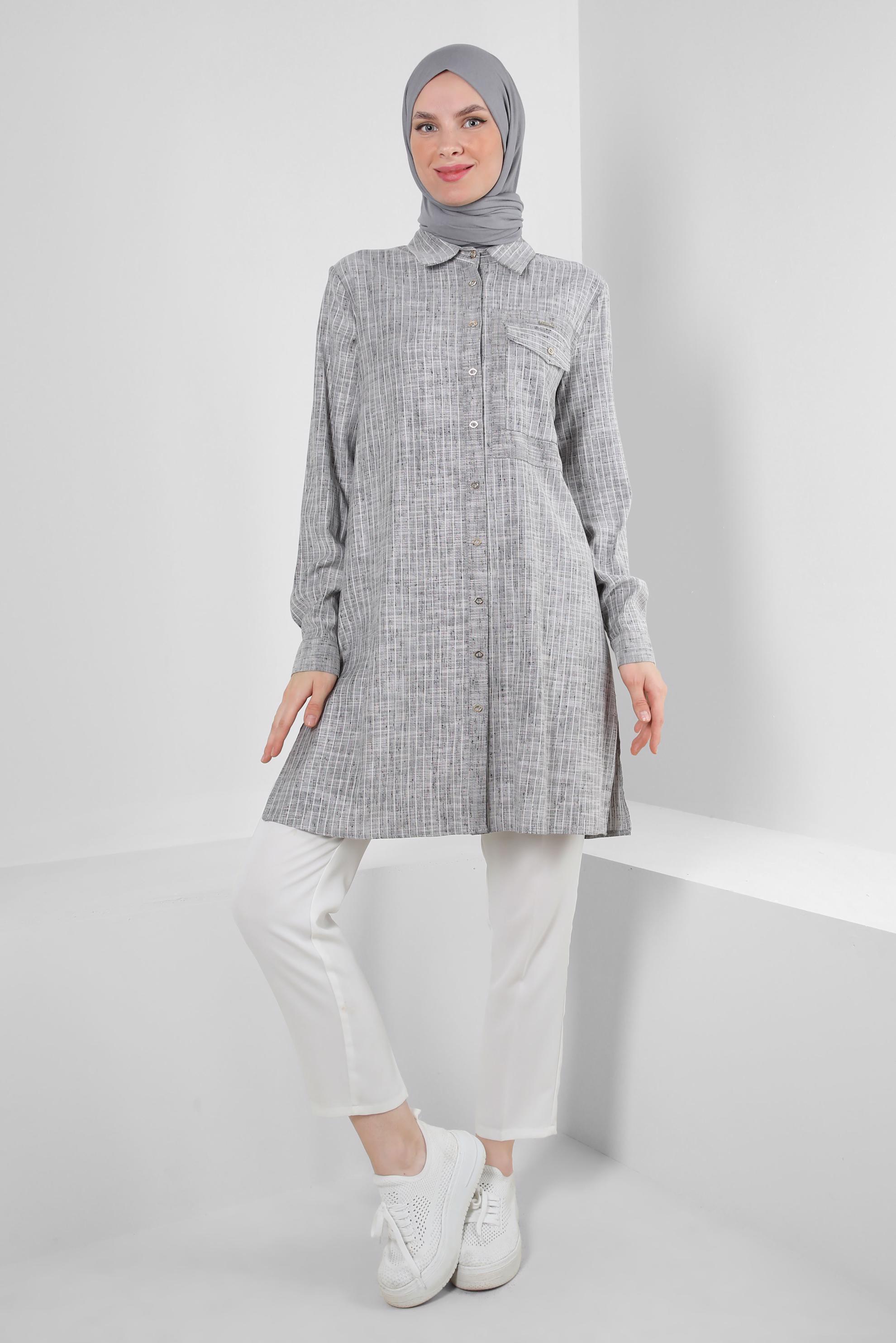 Tesettür giyim SİYAH ÇİZGİLİ CEP DETAYLI GÖMLEK TUNİK 43918