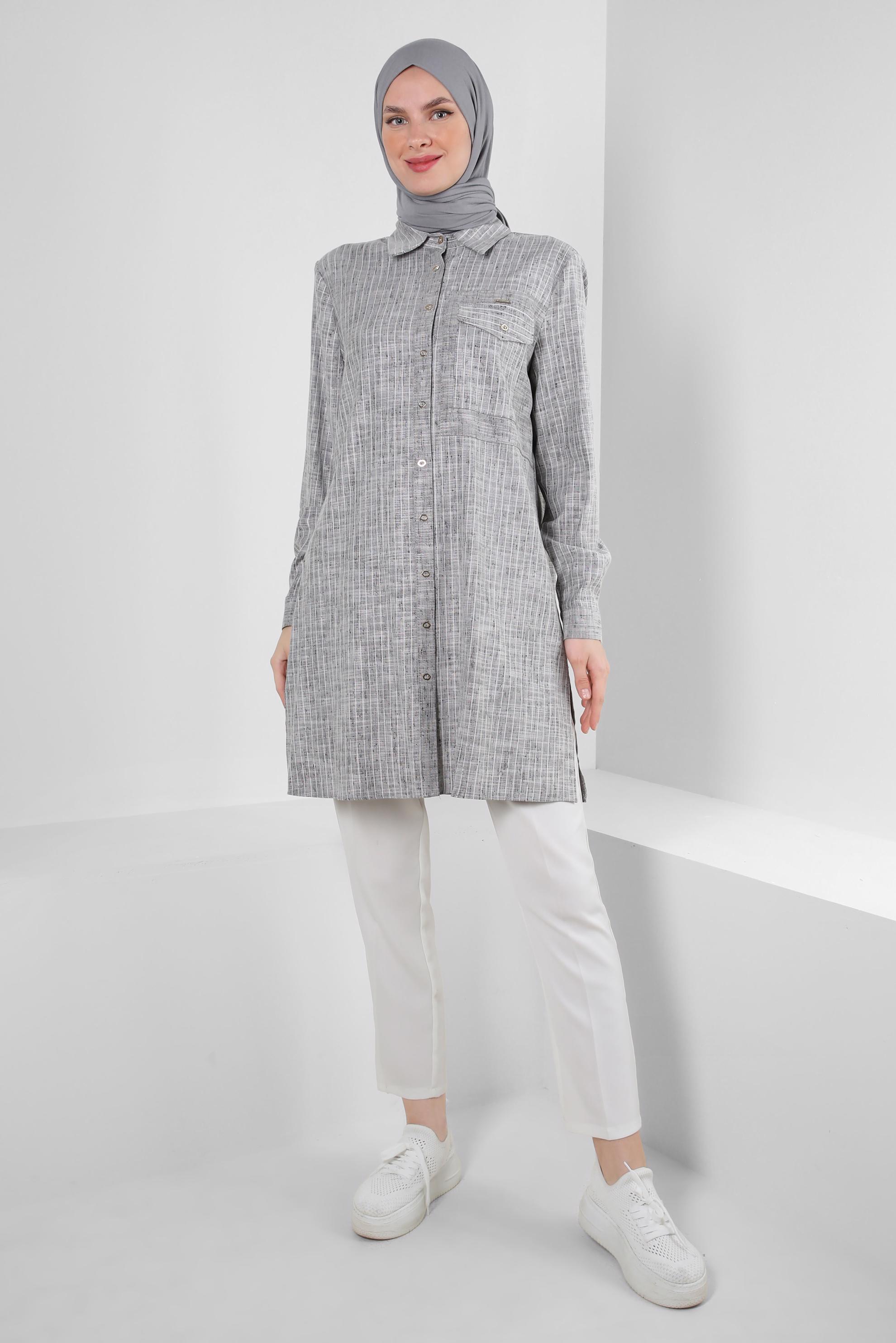 Tesettür giyim SİYAH ÇİZGİLİ CEP DETAYLI GÖMLEK TUNİK 43918