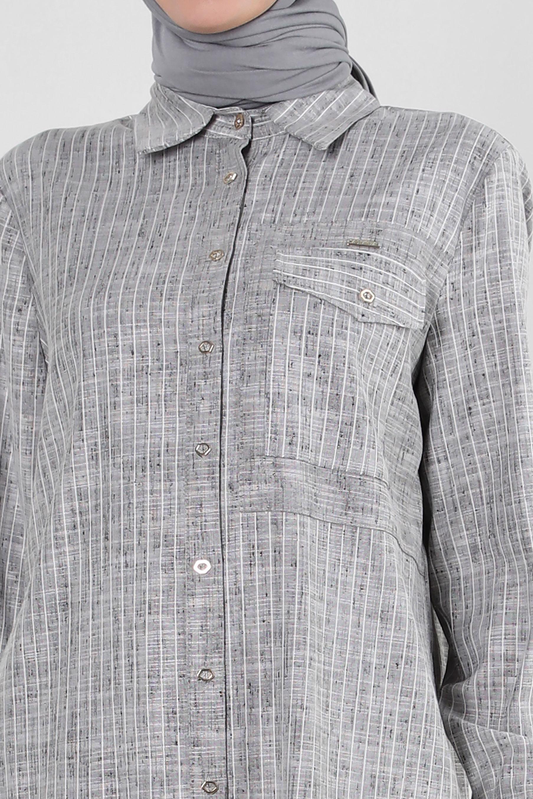 Tesettür giyim SİYAH ÇİZGİLİ CEP DETAYLI GÖMLEK TUNİK 43918