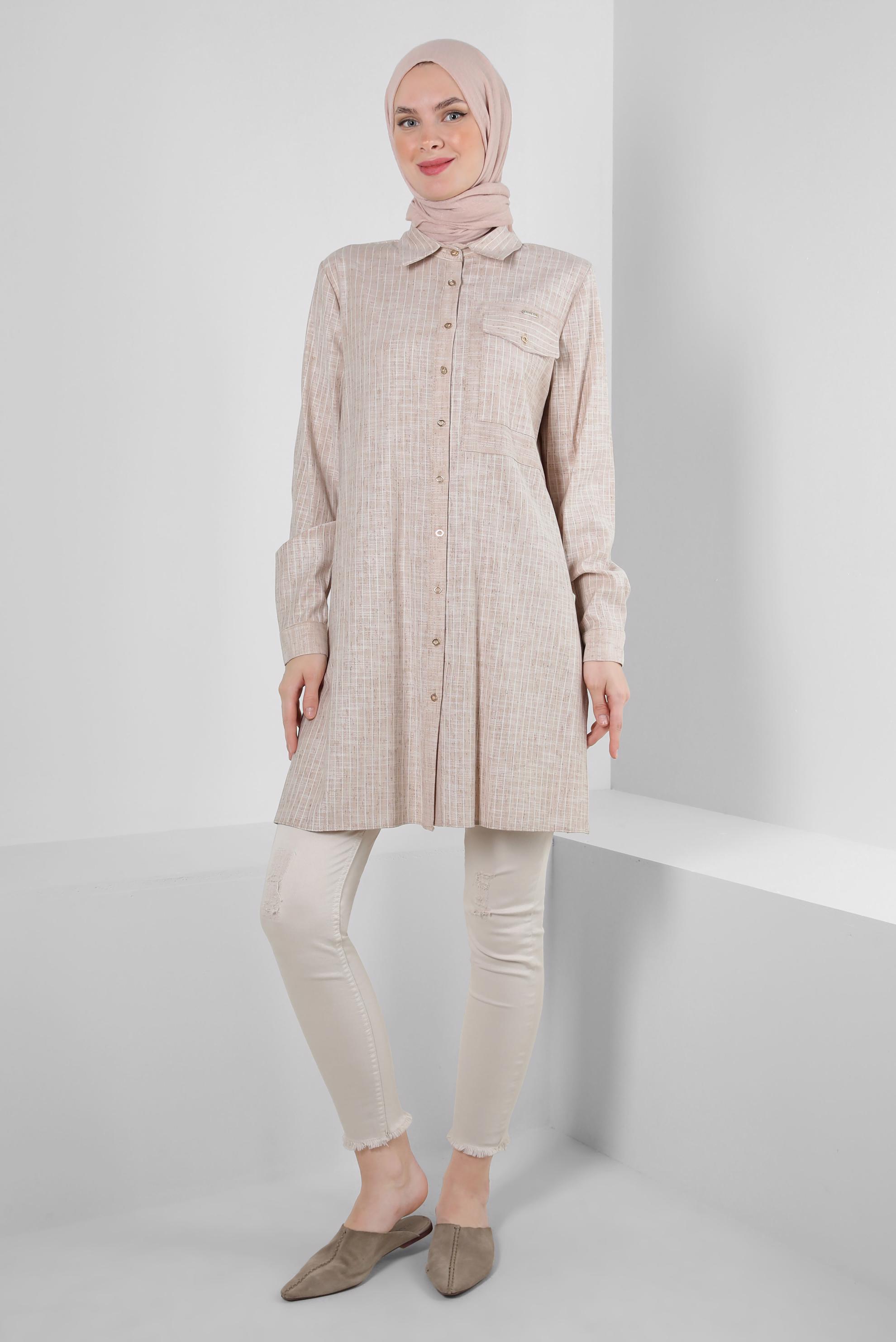 Tesettür giyim BEJ ÇİZGİLİ CEP DETAYLI GÖMLEK TUNİK 43918