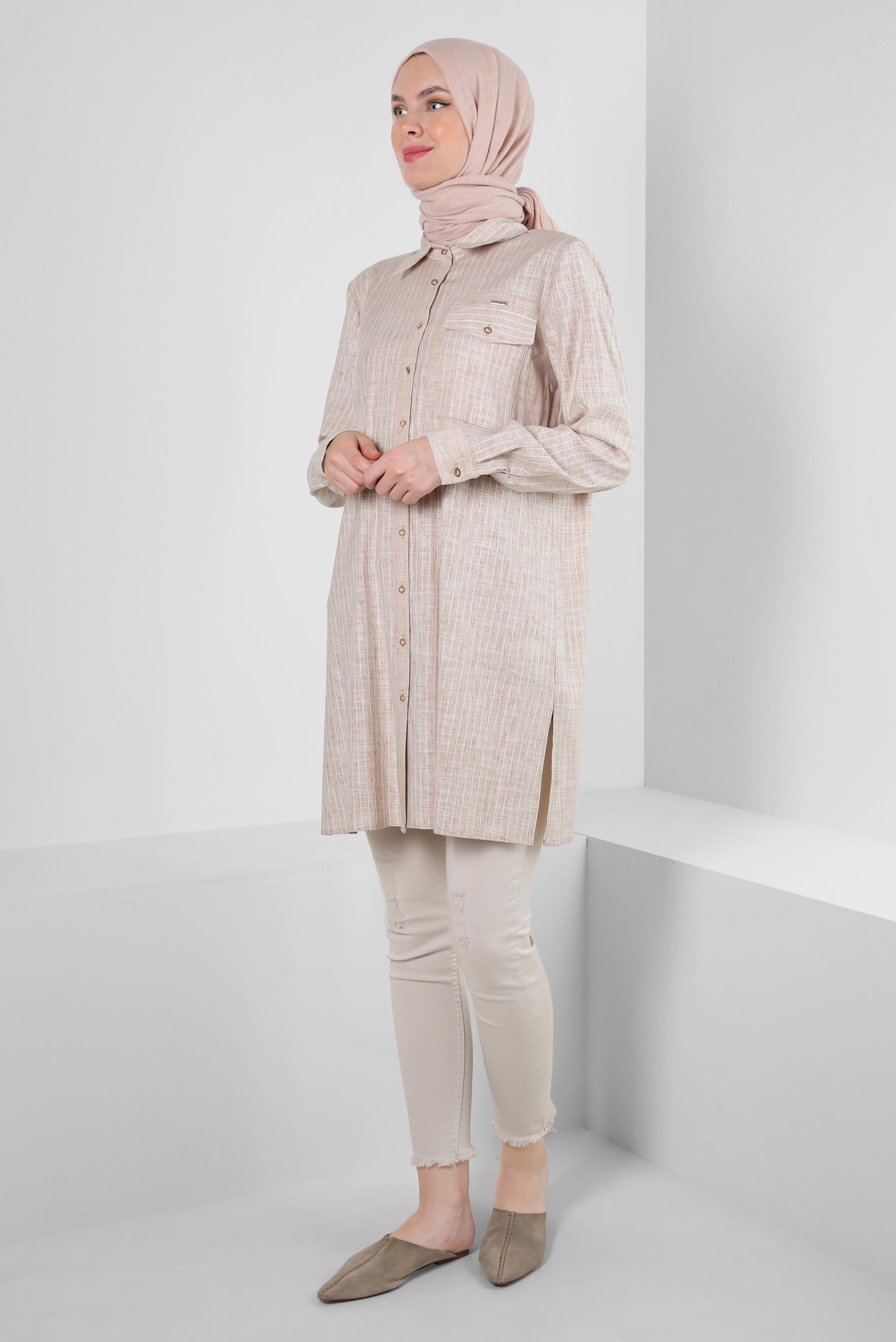 Tesettür giyim BEJ ÇİZGİLİ CEP DETAYLI GÖMLEK TUNİK 43918