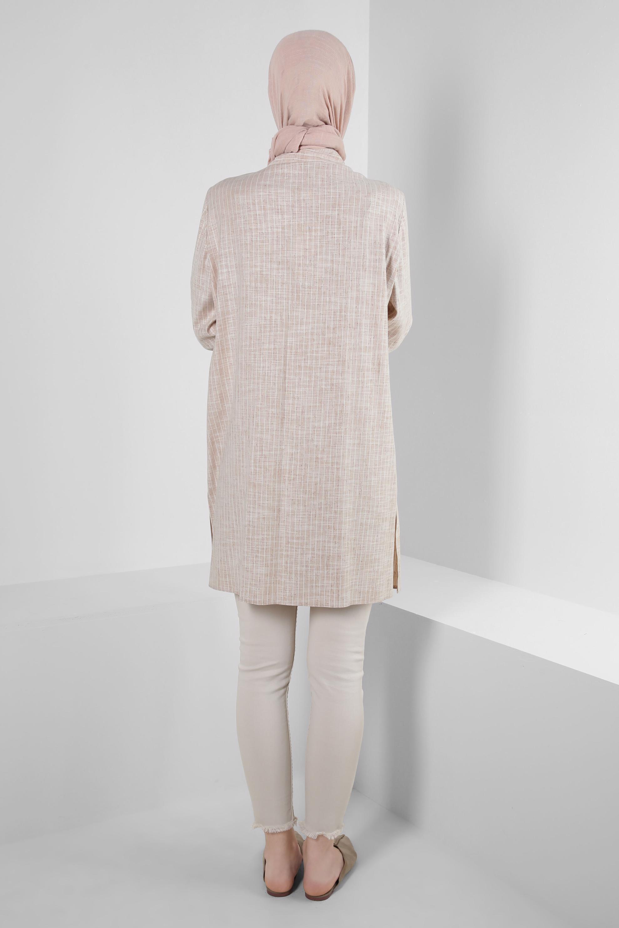 Tesettür giyim BEJ ÇİZGİLİ CEP DETAYLI GÖMLEK TUNİK 43918