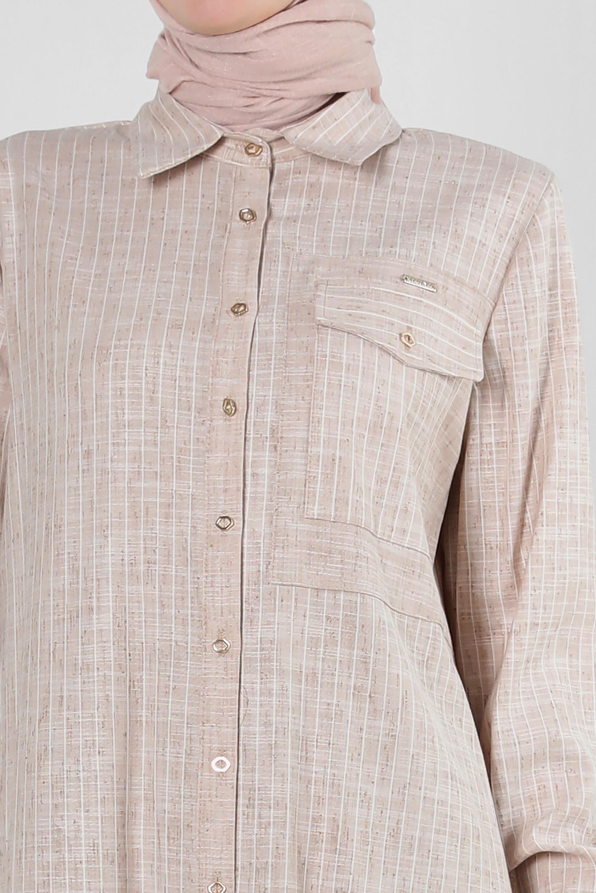 Tesettür giyim BEJ ÇİZGİLİ CEP DETAYLI GÖMLEK TUNİK 43918