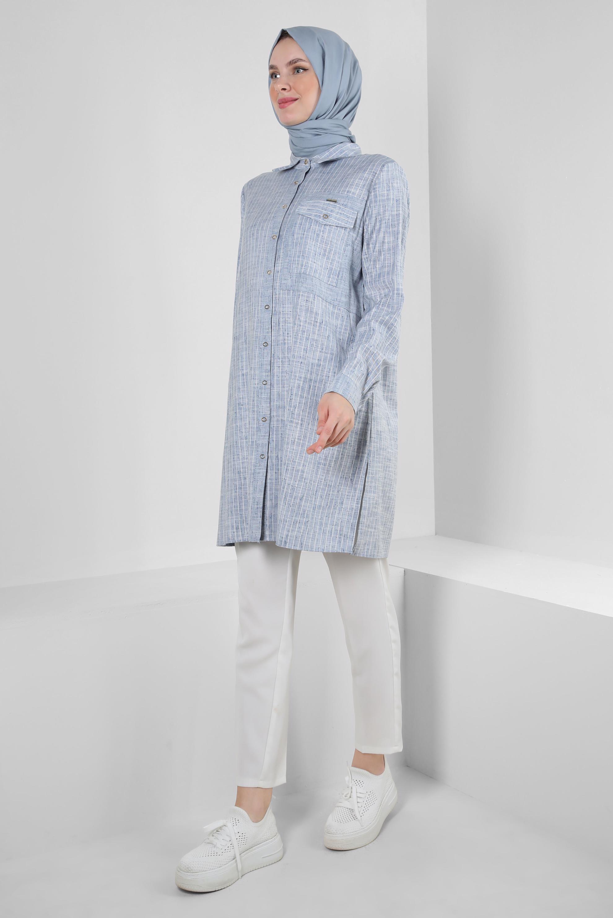 Tesettür giyim LACİVERT ÇİZGİLİ CEP DETAYLI GÖMLEK TUNİK 43918