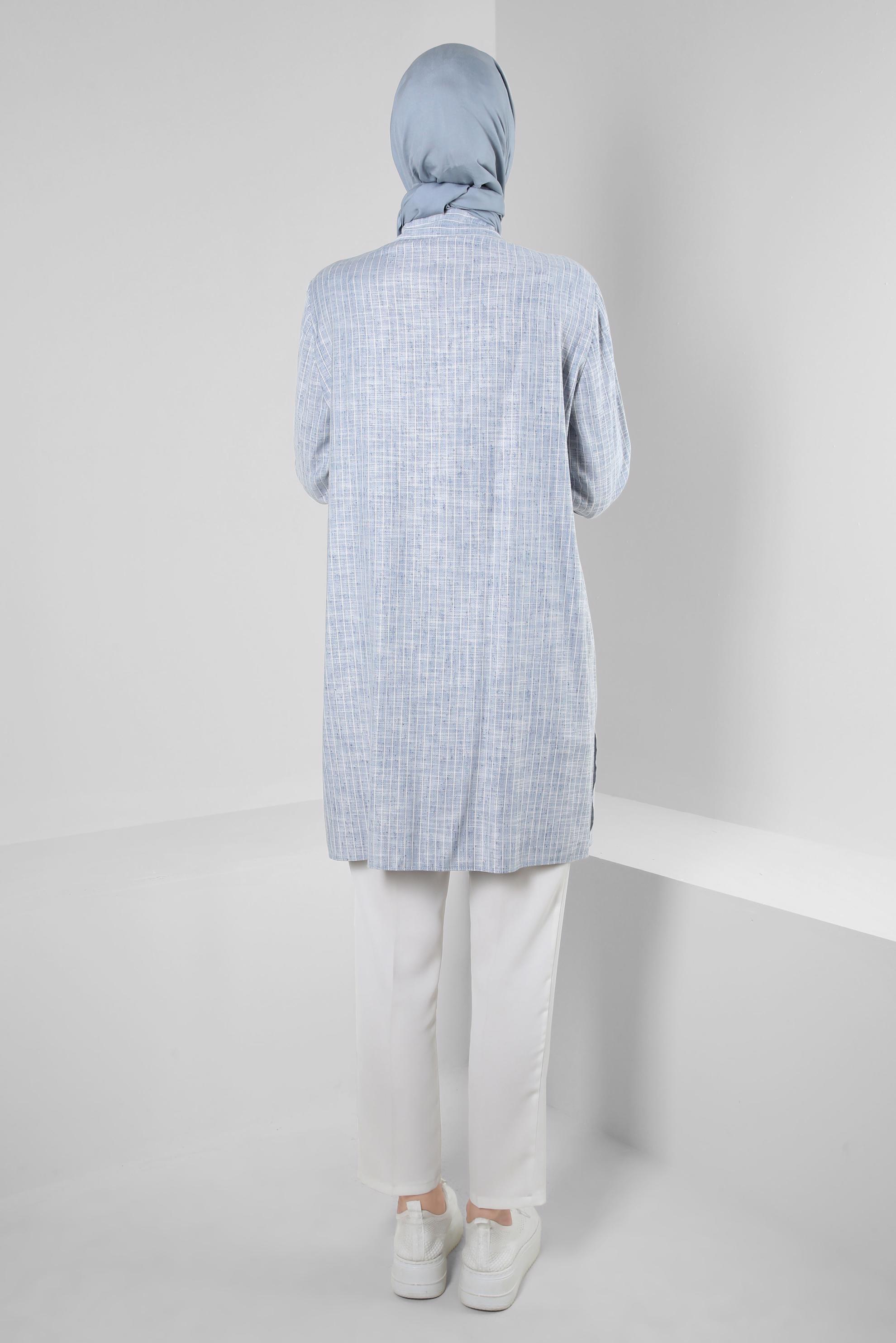 Tesettür giyim LACİVERT ÇİZGİLİ CEP DETAYLI GÖMLEK TUNİK 43918