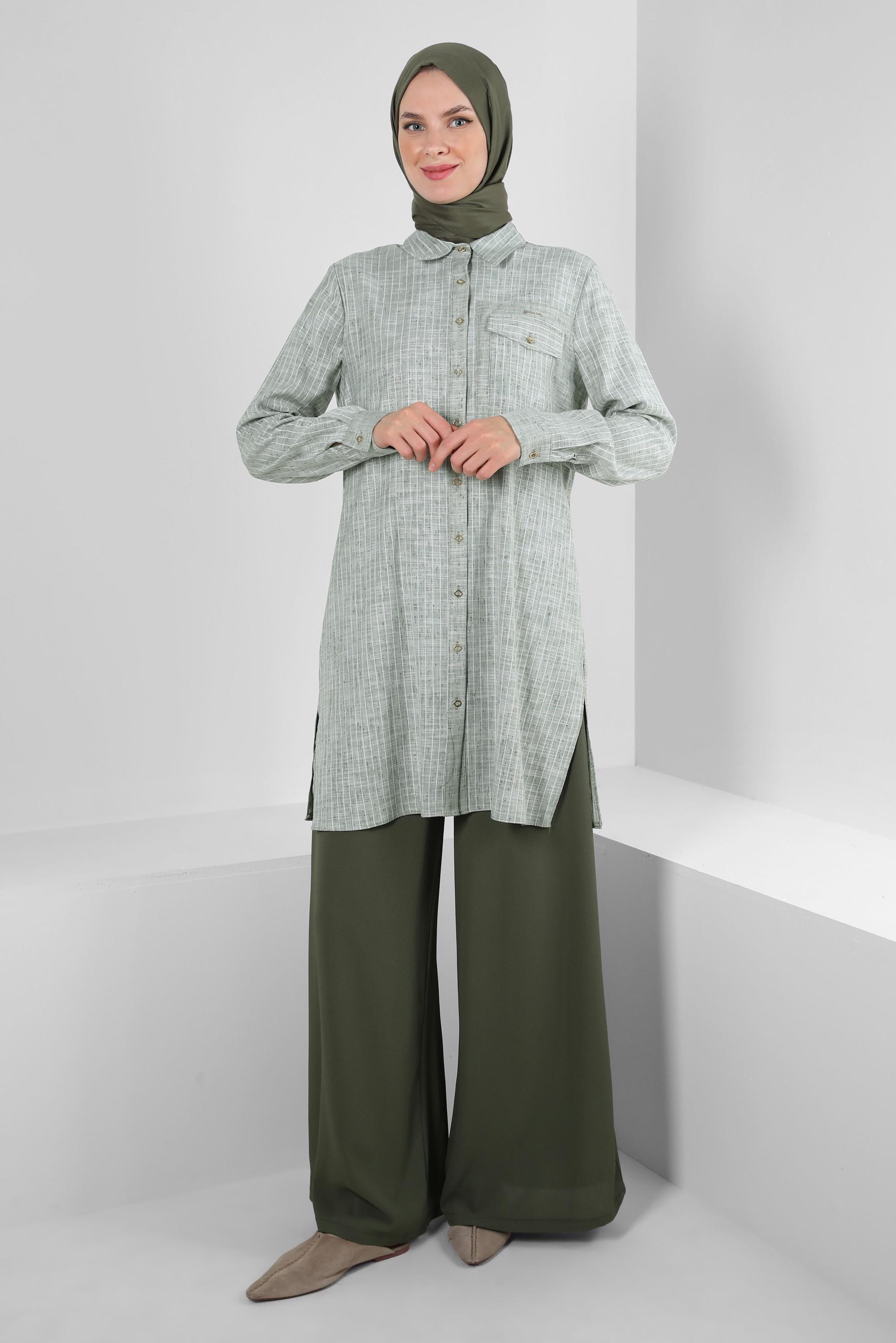 Tesettür giyim YEŞİL ÇİZGİLİ CEP DETAYLI GÖMLEK TUNİK 43918