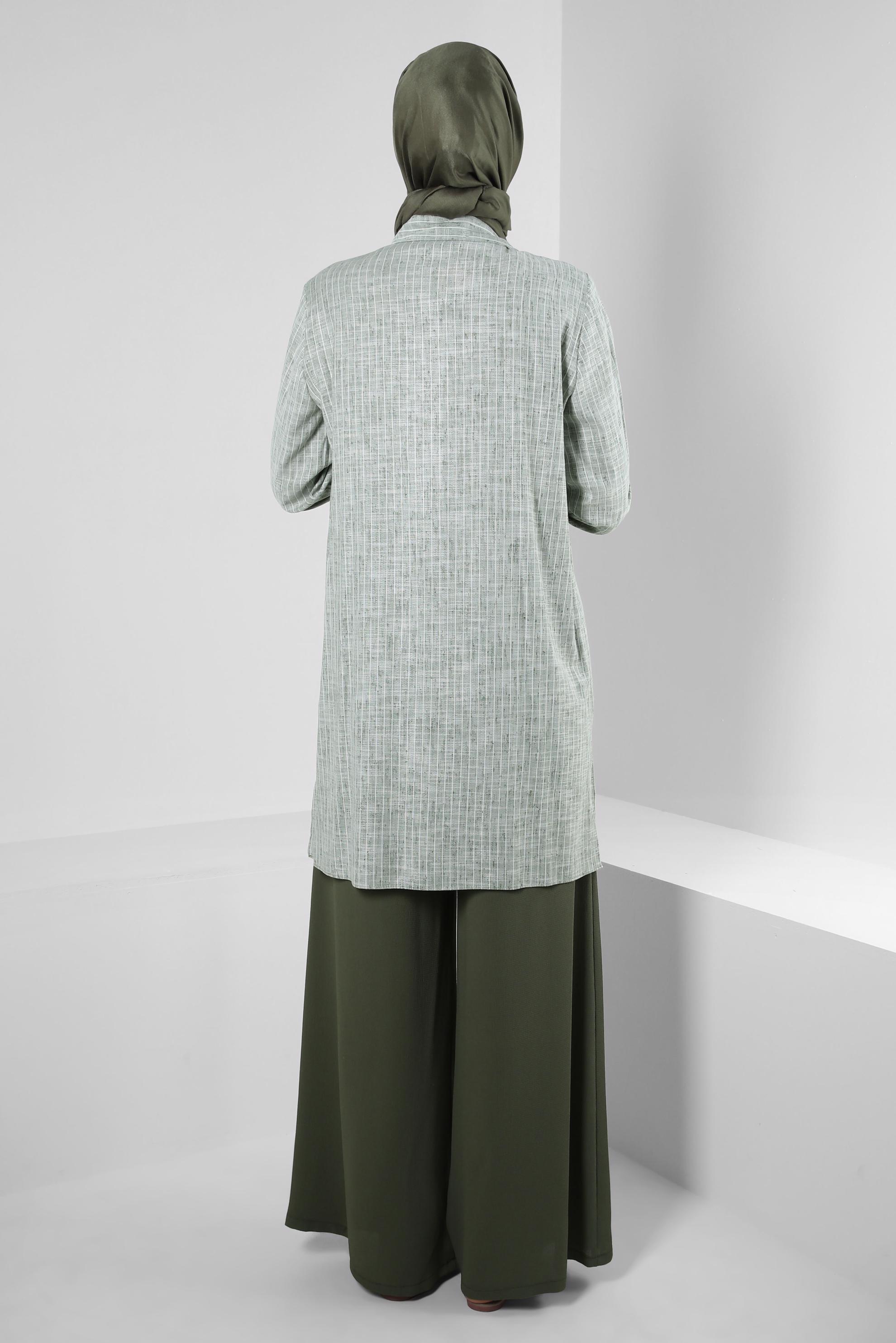 Tesettür giyim YEŞİL ÇİZGİLİ CEP DETAYLI GÖMLEK TUNİK 43918