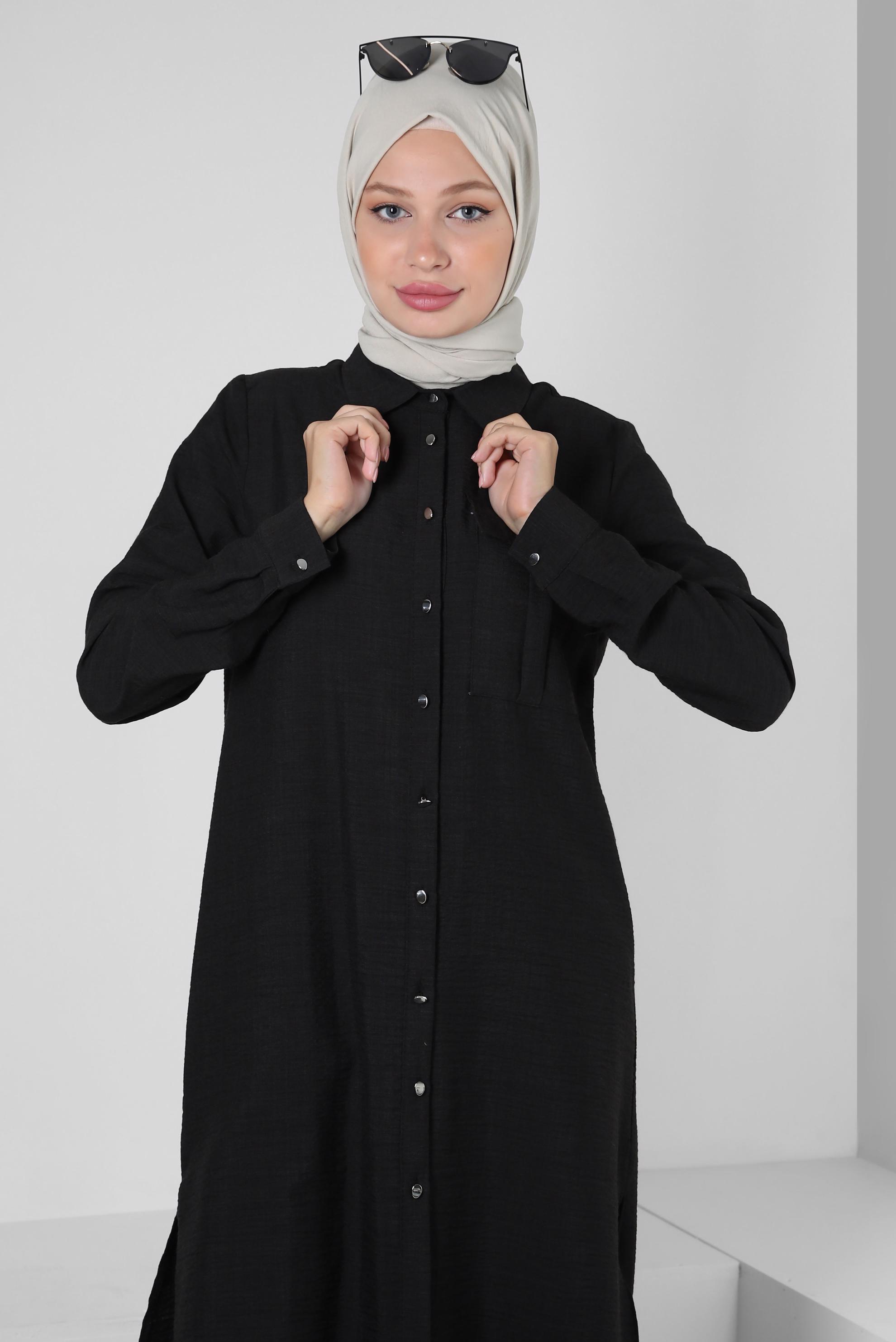 Tesettür giyim SİYAH YANI YIRTMAÇLI DÜĞMELİ TUNİK 43919