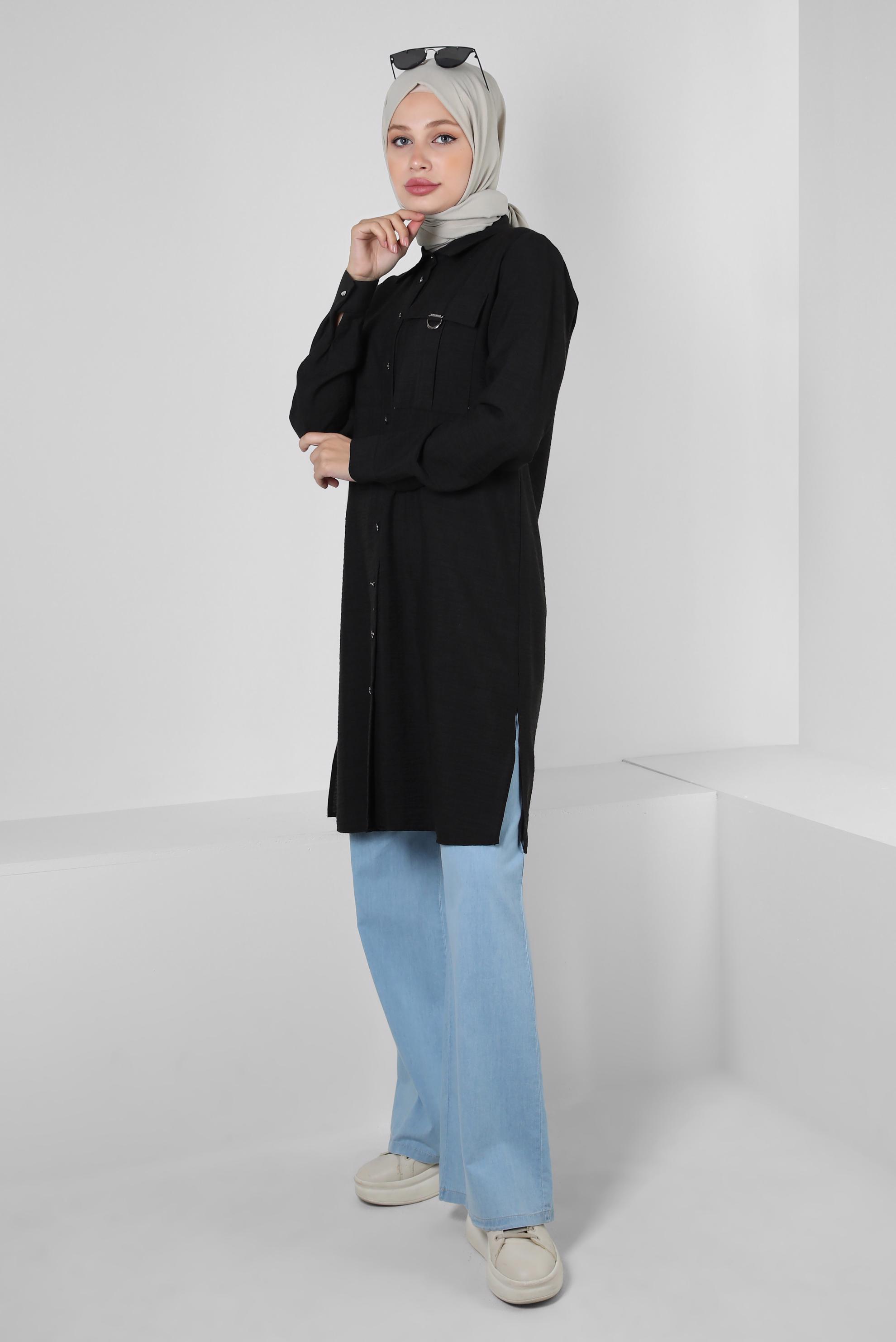 Tesettür giyim SİYAH YANI YIRTMAÇLI DÜĞMELİ TUNİK 43919