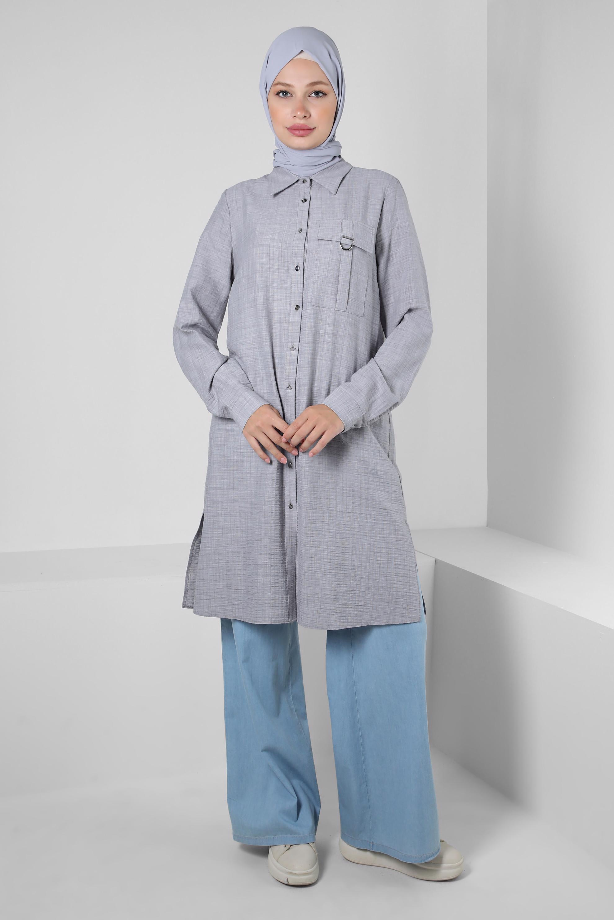 Tesettür giyim GRİ YANI YIRTMAÇLI DÜĞMELİ TUNİK 43919