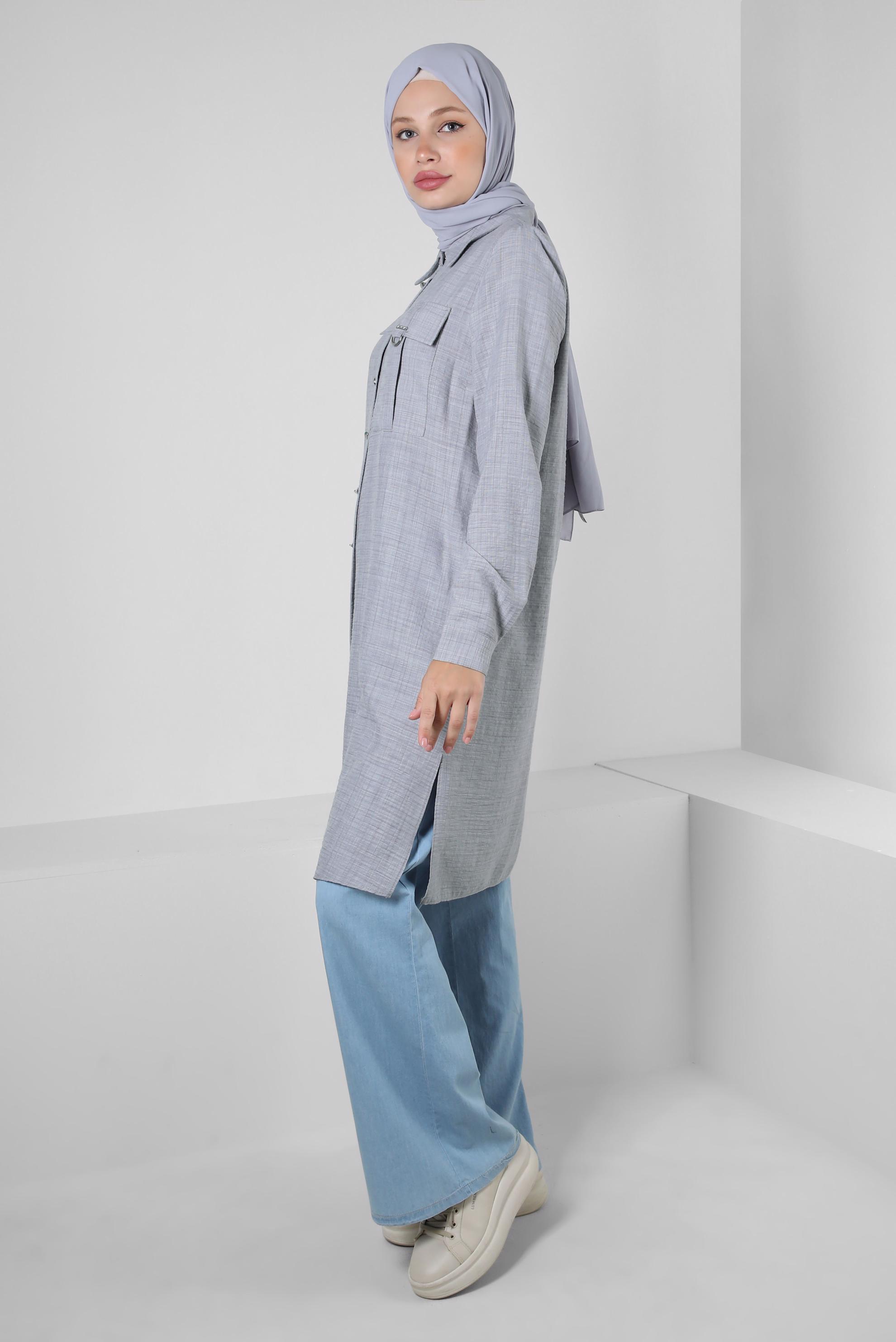 Tesettür giyim GRİ YANI YIRTMAÇLI DÜĞMELİ TUNİK 43919