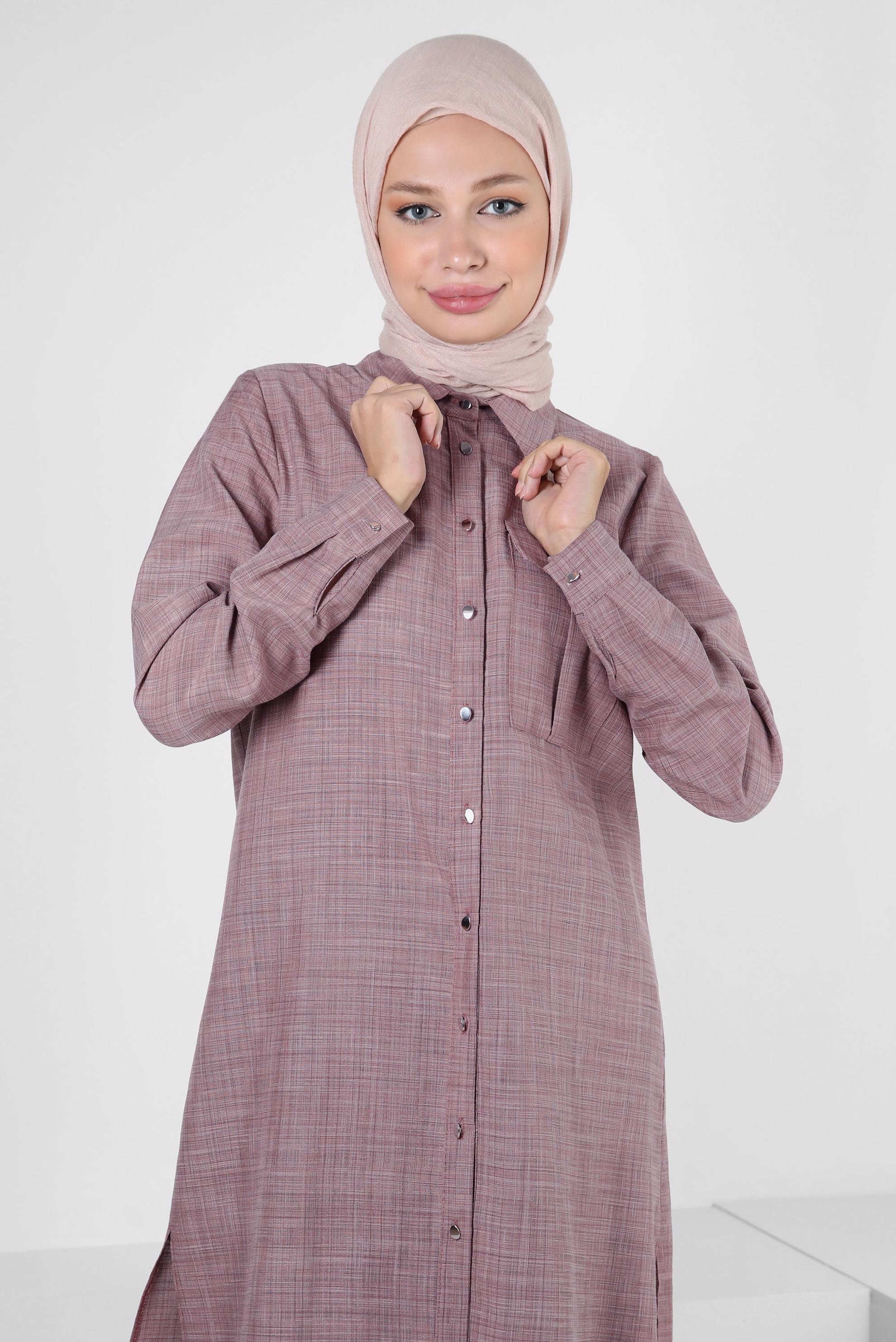 Tesettür giyim KAHVE YANI YIRTMAÇLI DÜĞMELİ TUNİK 43919