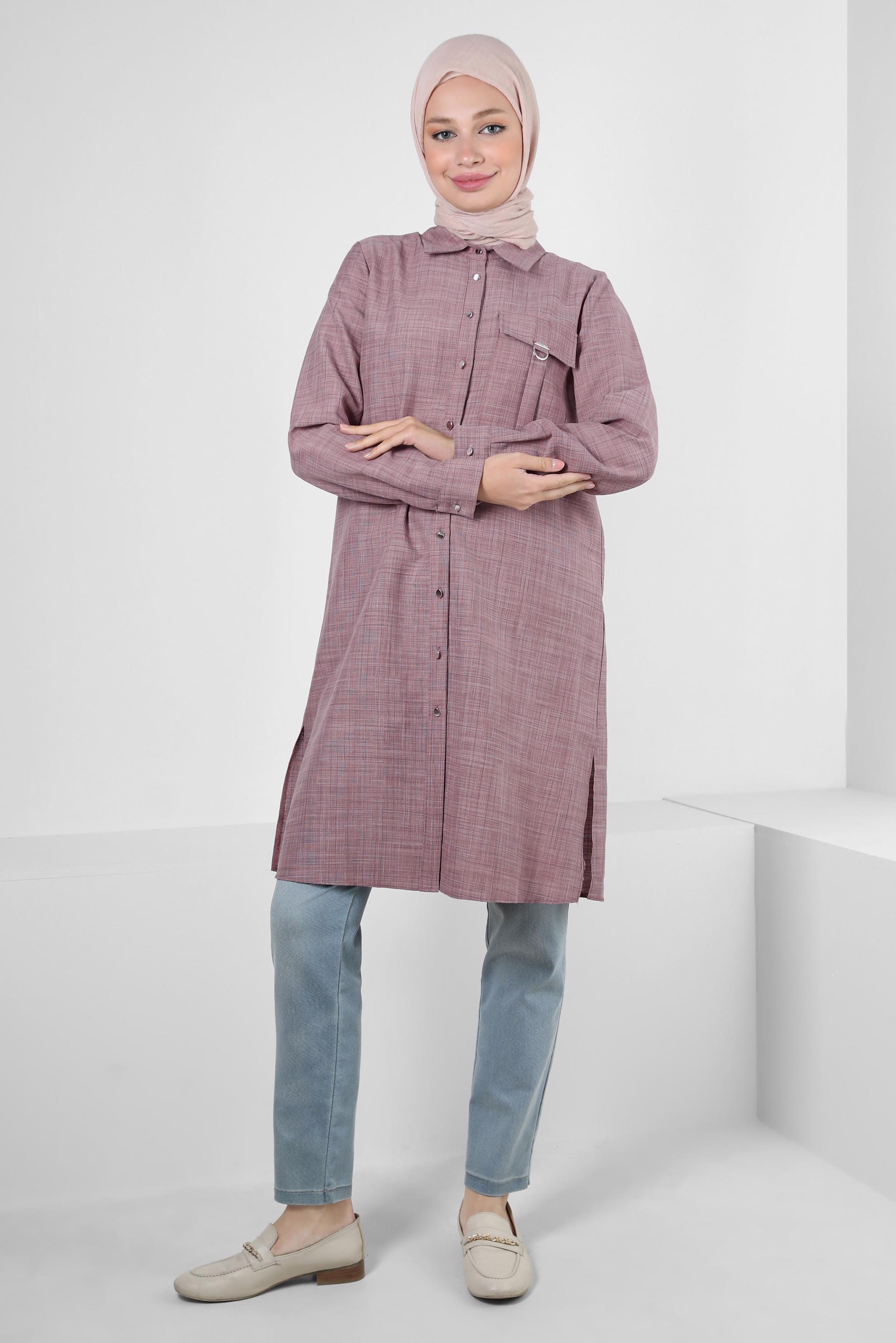 Tesettür giyim KAHVE YANI YIRTMAÇLI DÜĞMELİ TUNİK 43919