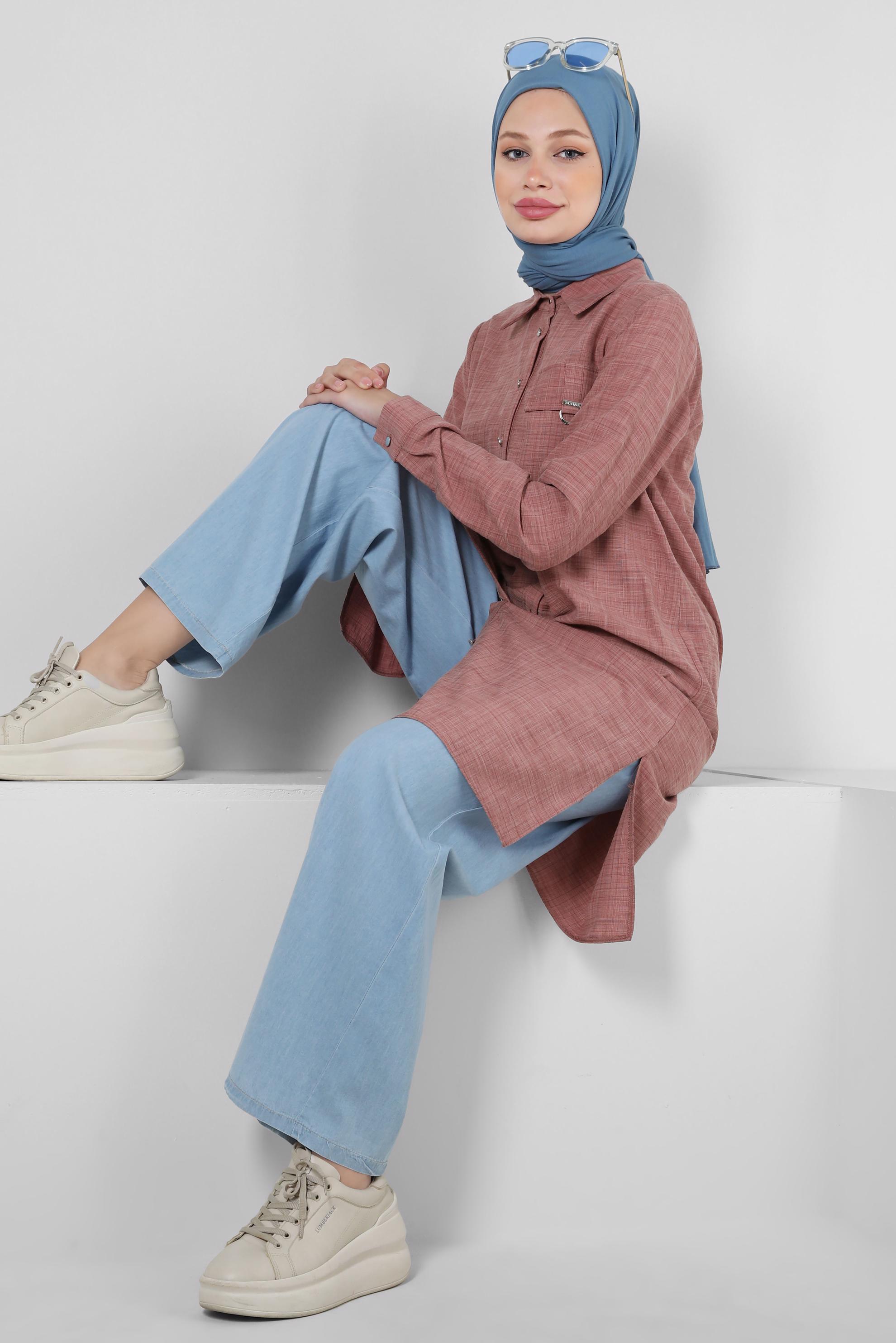 Tesettür giyim BORDO YANI YIRTMAÇLI DÜĞMELİ TUNİK 43919