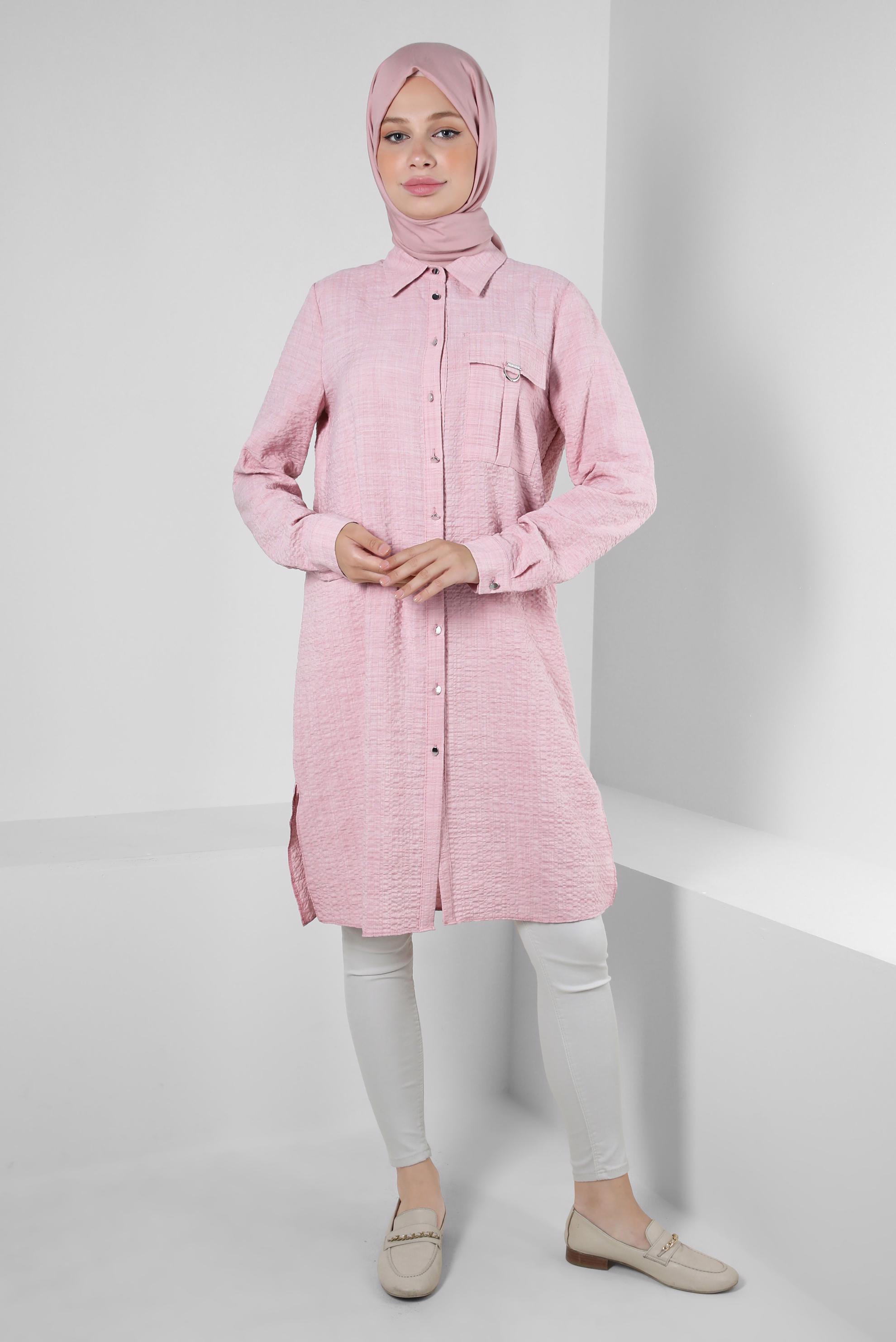 Tesettür giyim PUDRA YANI YIRTMAÇLI DÜĞMELİ TUNİK 43919