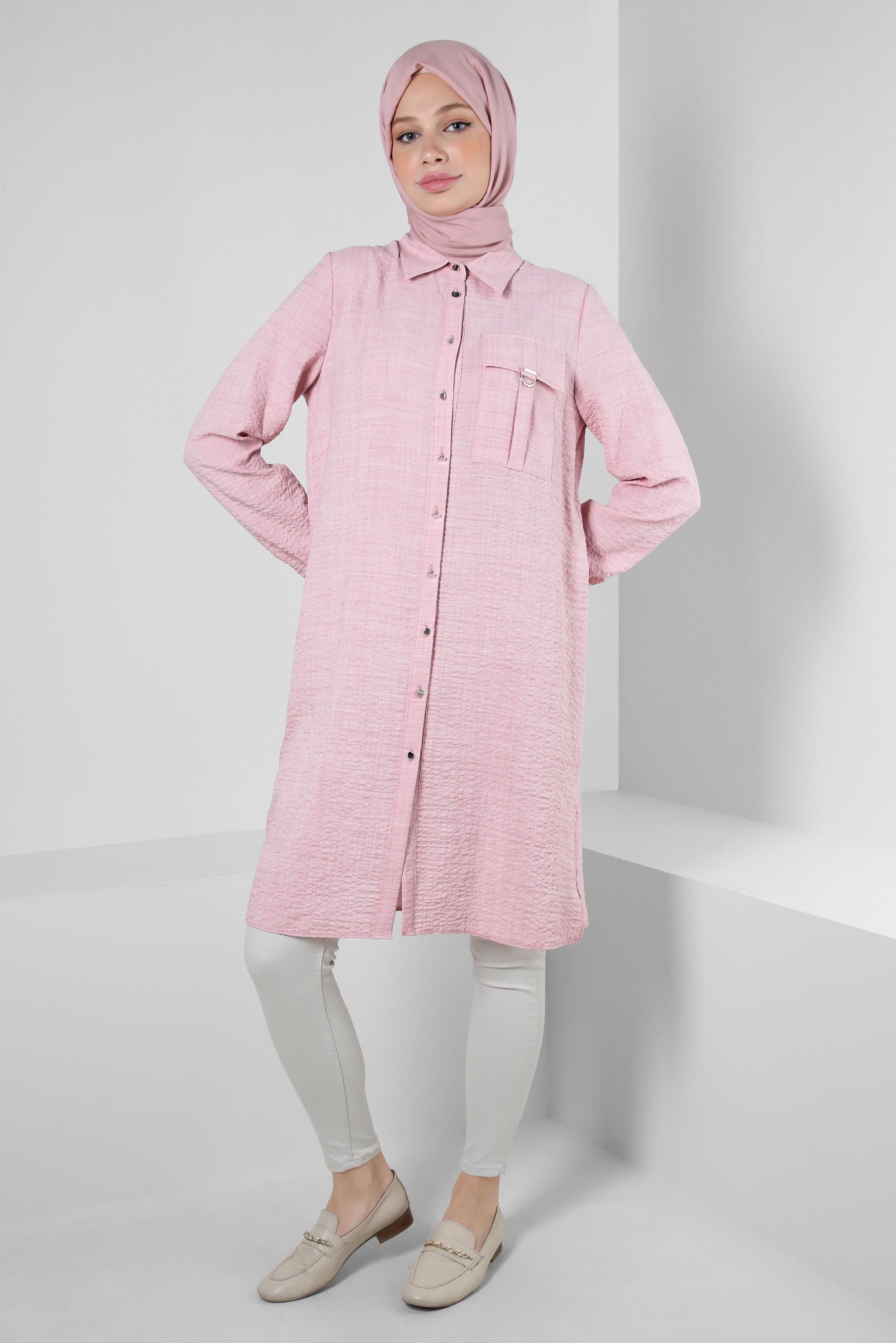 Tesettür giyim PUDRA YANI YIRTMAÇLI DÜĞMELİ TUNİK 43919