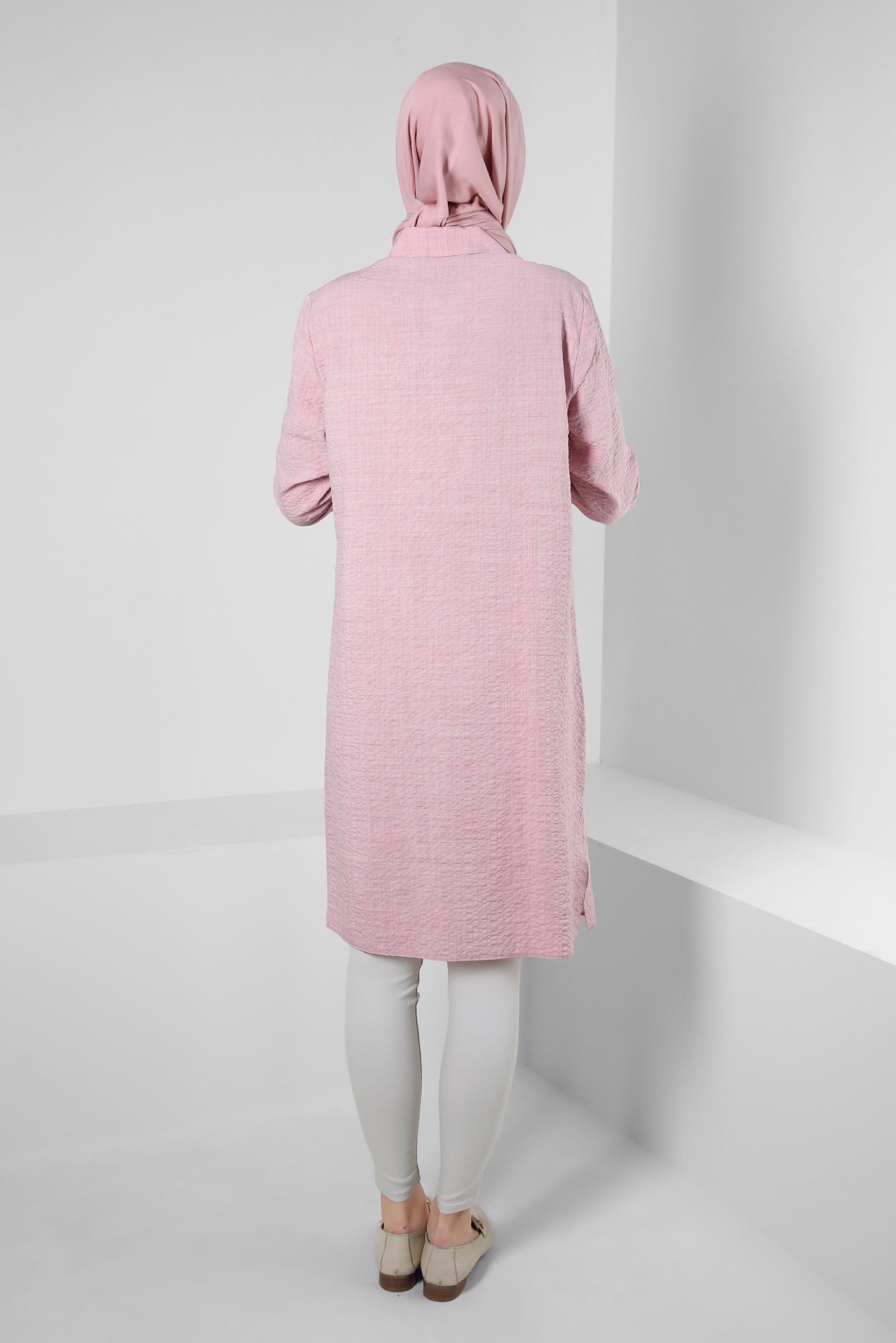 Tesettür giyim PUDRA YANI YIRTMAÇLI DÜĞMELİ TUNİK 43919