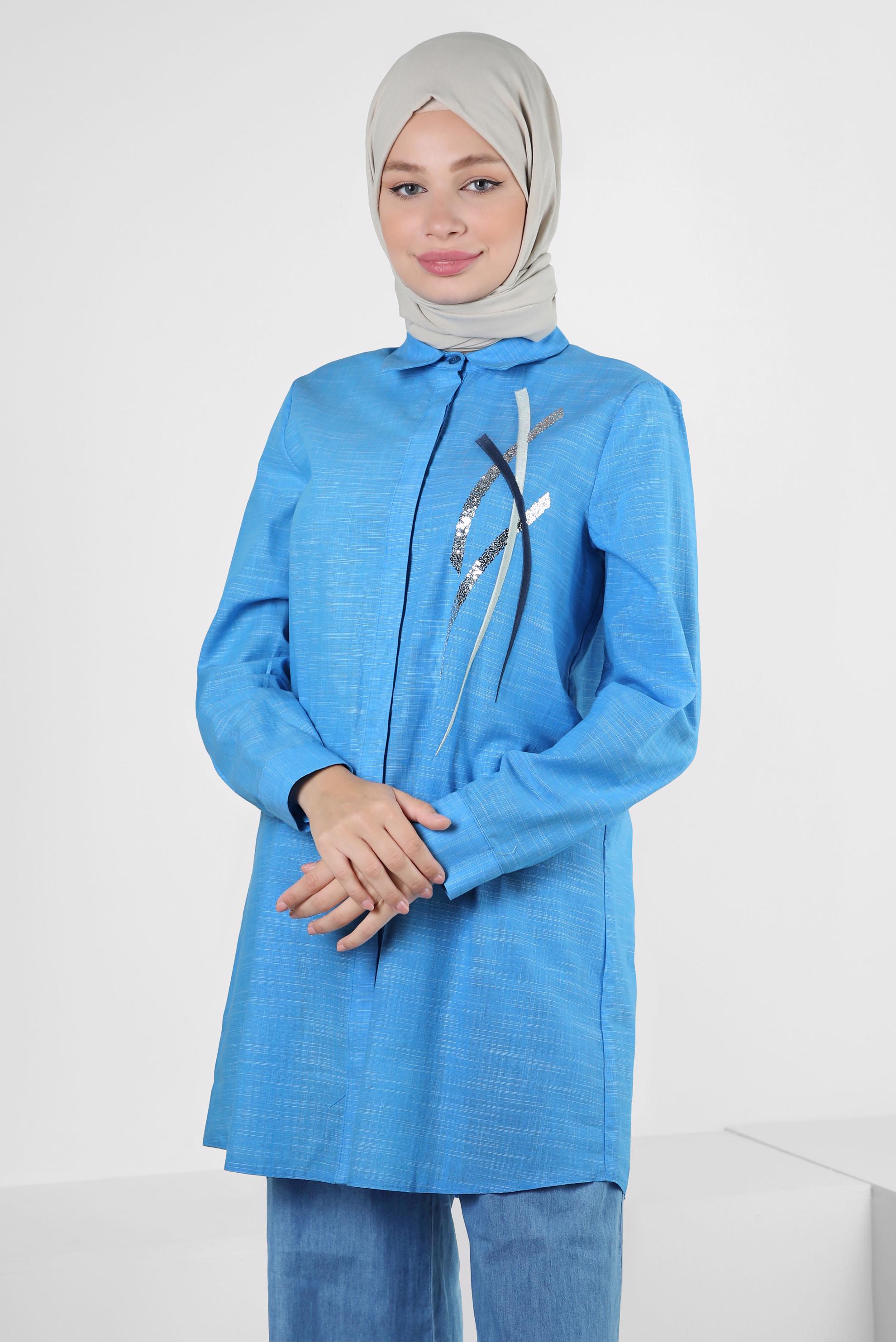 Tesettür giyim MAVİ PUL PAYET DETAYLI GÖMLEK YAKA TUNİK 43925