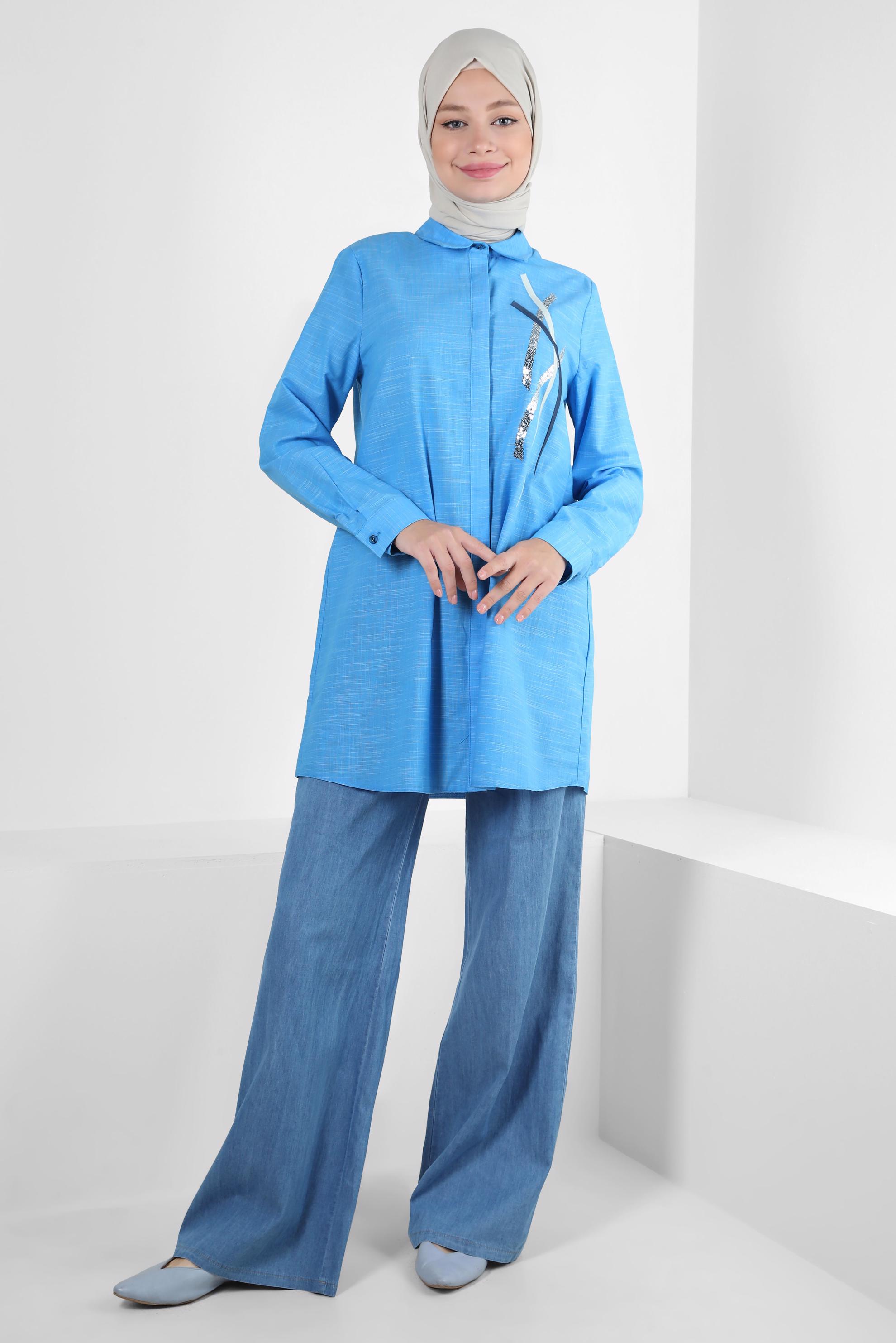 Tesettür giyim MAVİ PUL PAYET DETAYLI GÖMLEK YAKA TUNİK 43925