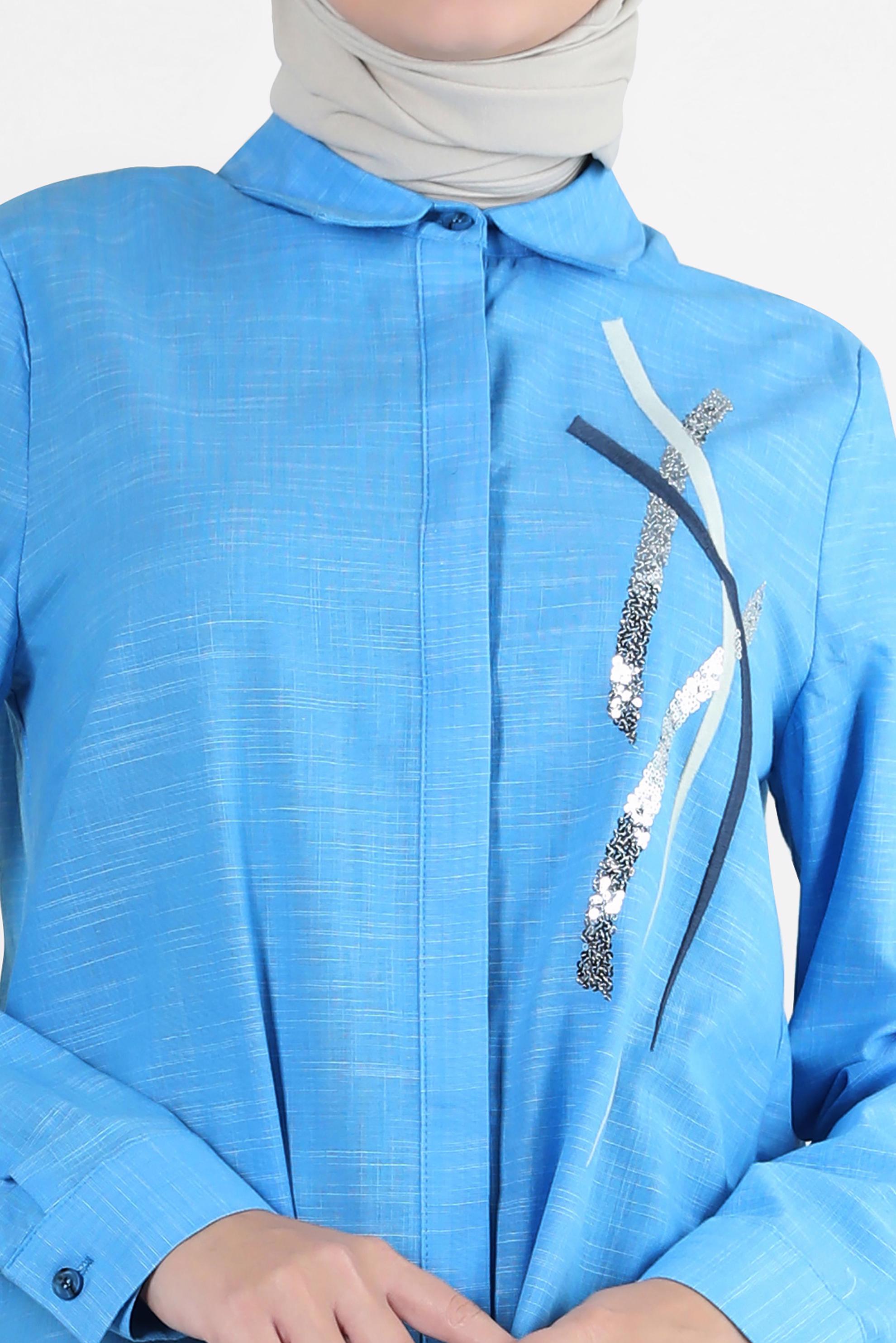 Tesettür giyim MAVİ PUL PAYET DETAYLI GÖMLEK YAKA TUNİK 43925