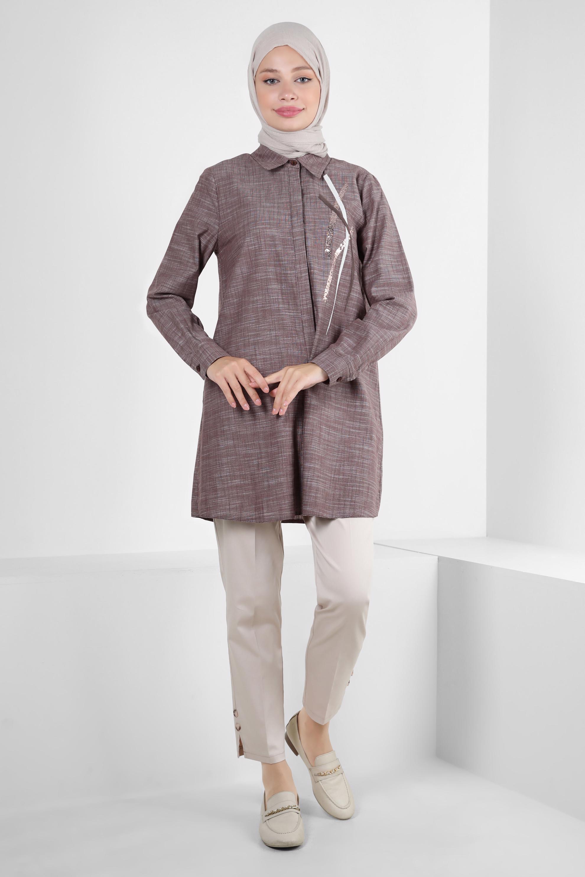 Tesettür giyim KAHVE PUL PAYET DETAYLI GÖMLEK YAKA TUNİK 43925