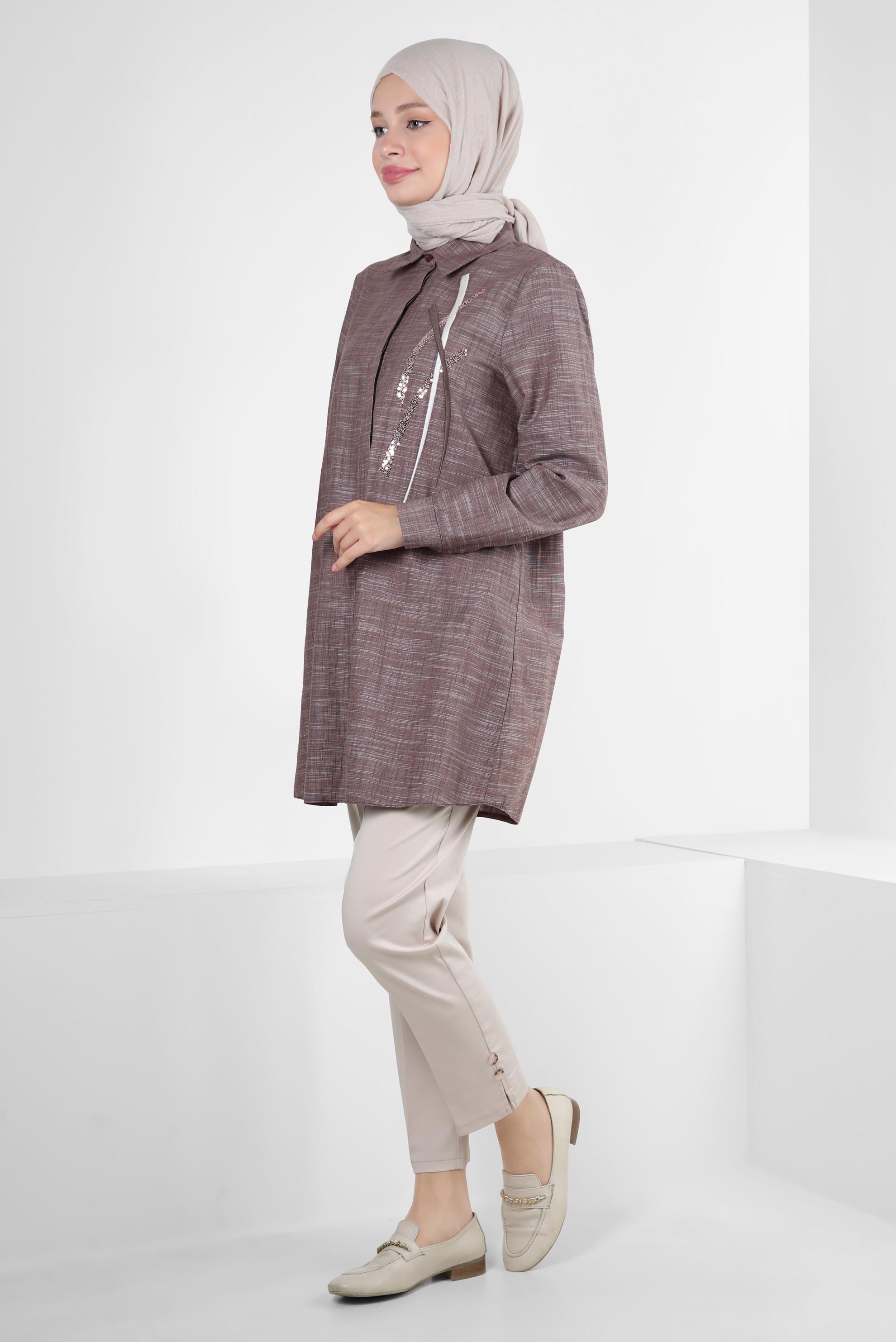 Tesettür giyim KAHVE PUL PAYET DETAYLI GÖMLEK YAKA TUNİK 43925