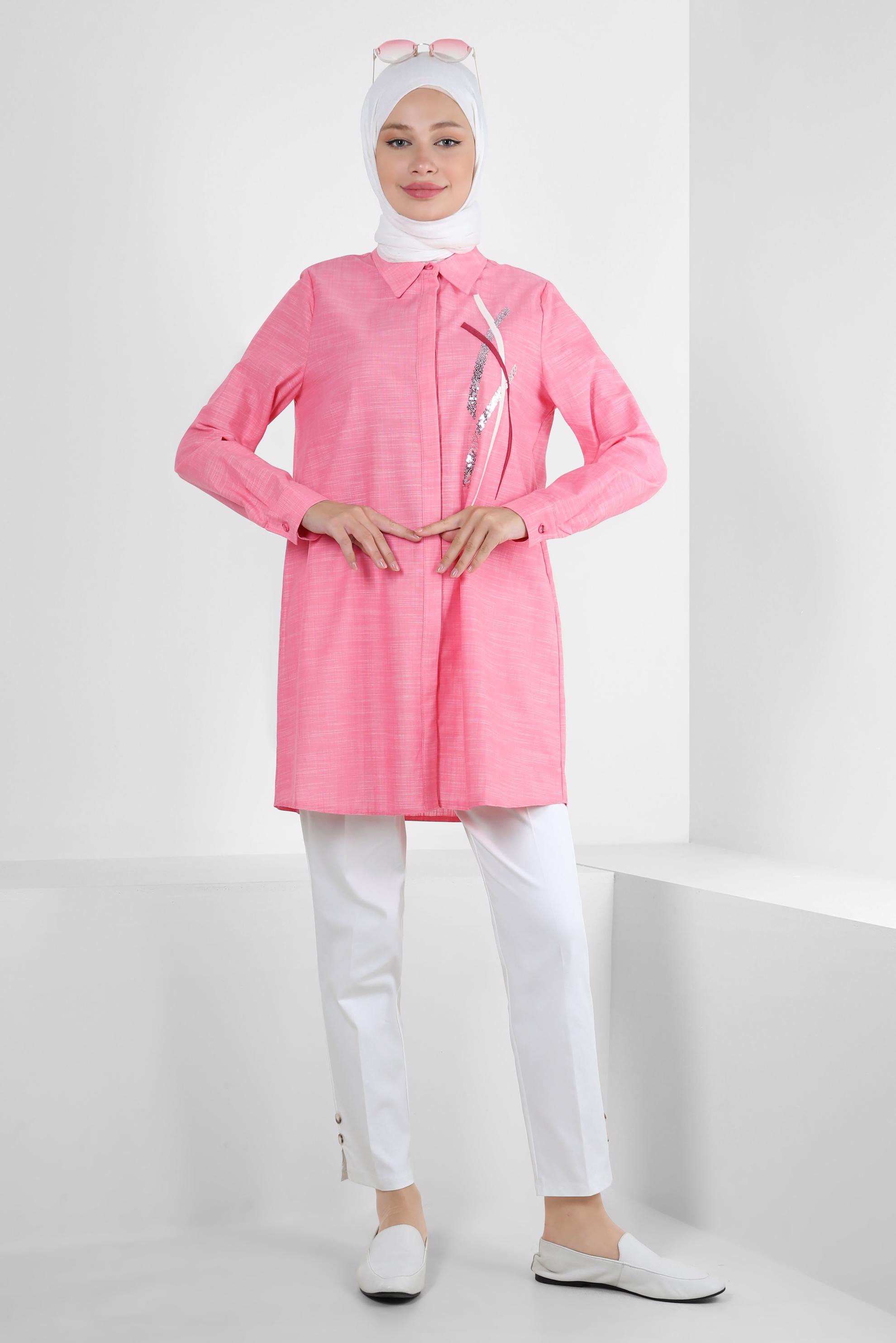 Tesettür giyim PEMBE PUL PAYET DETAYLI GÖMLEK YAKA TUNİK 43925