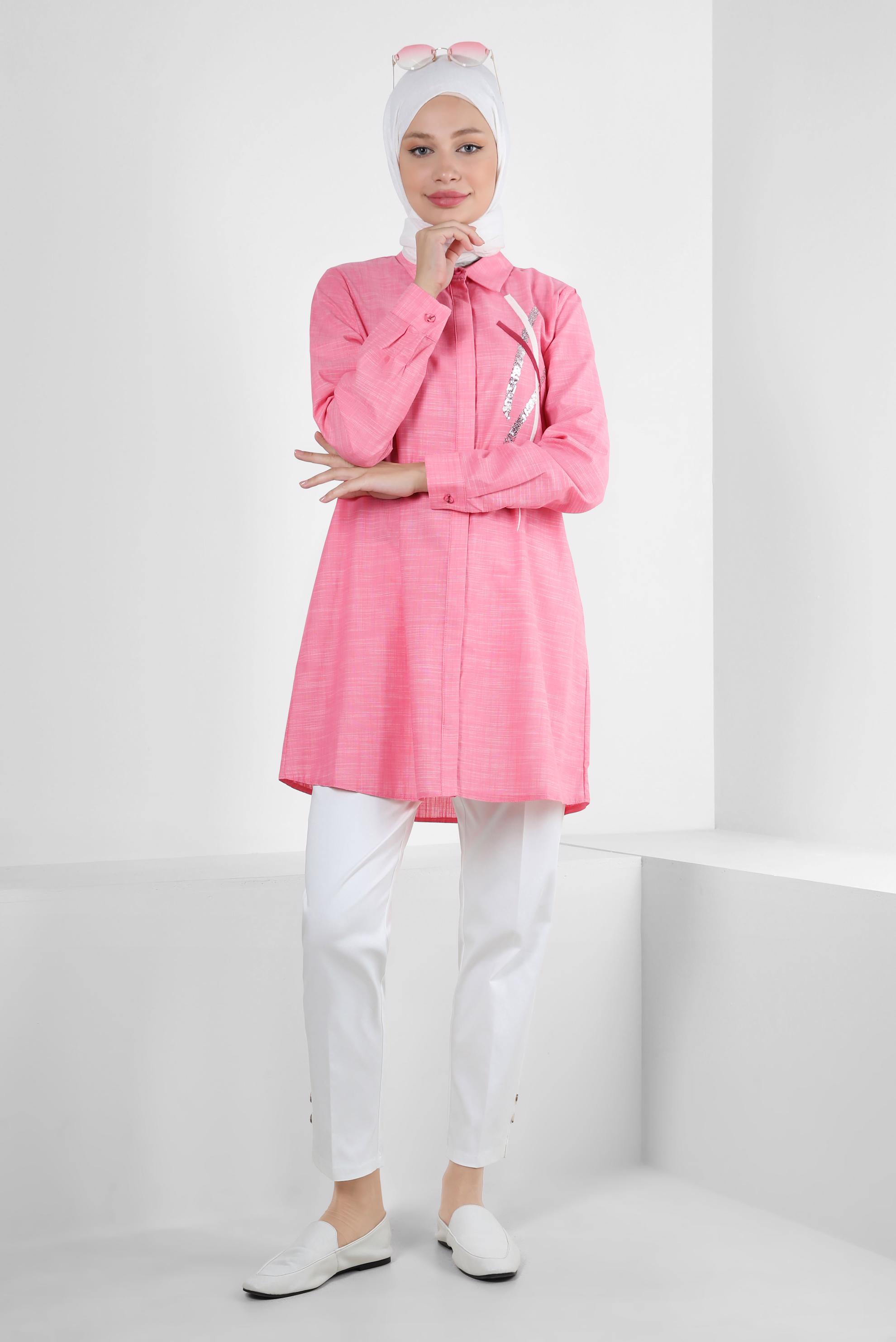 Tesettür giyim PEMBE PUL PAYET DETAYLI GÖMLEK YAKA TUNİK 43925