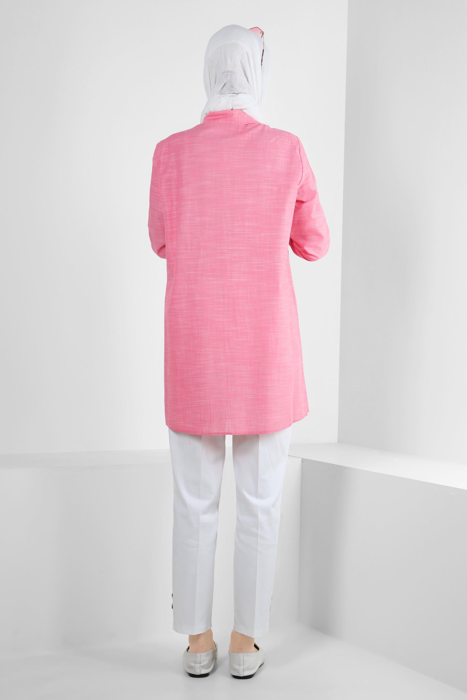 Tesettür giyim PEMBE PUL PAYET DETAYLI GÖMLEK YAKA TUNİK 43925