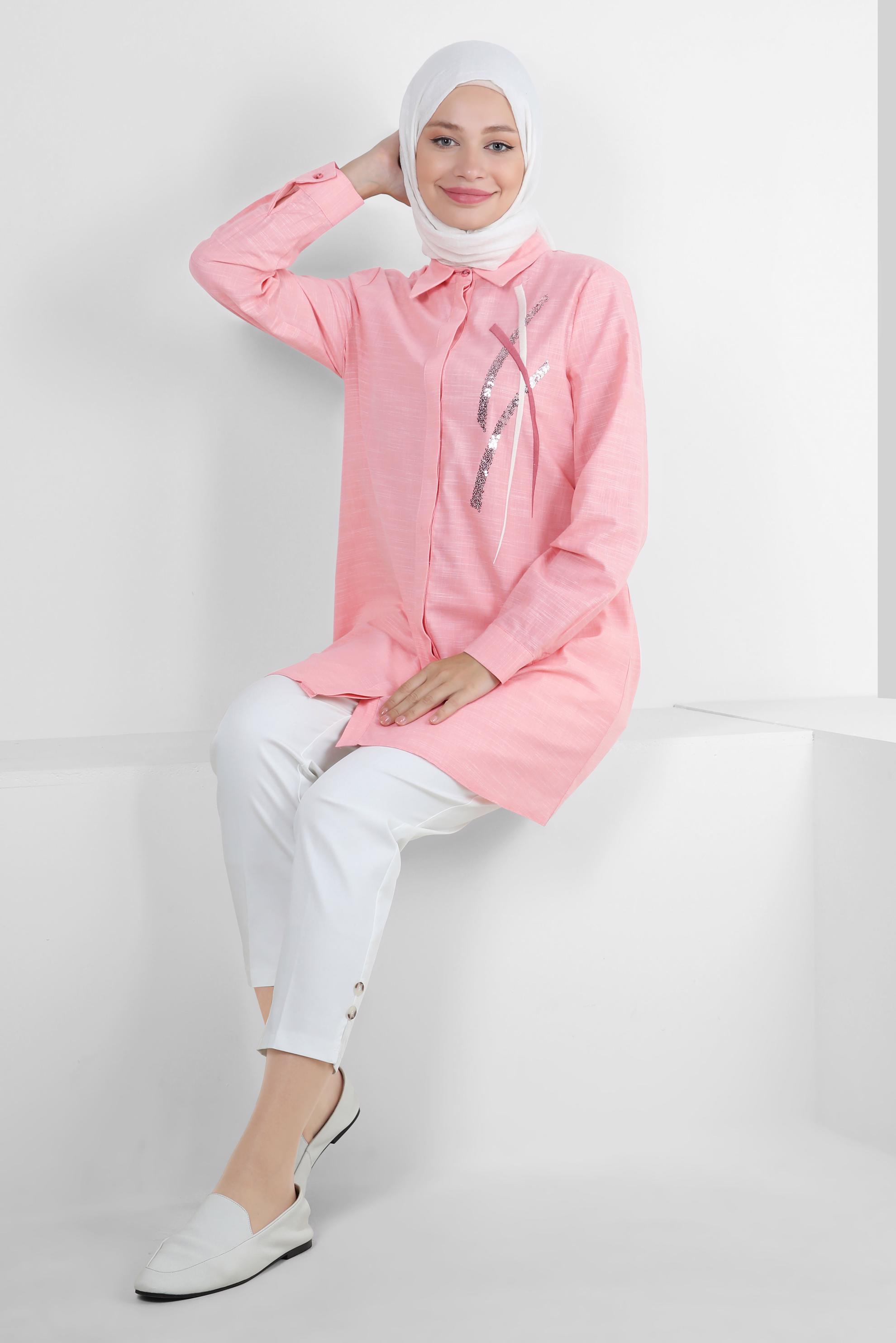 Tesettür giyim PUDRA PUL PAYET DETAYLI GÖMLEK YAKA TUNİK 43925