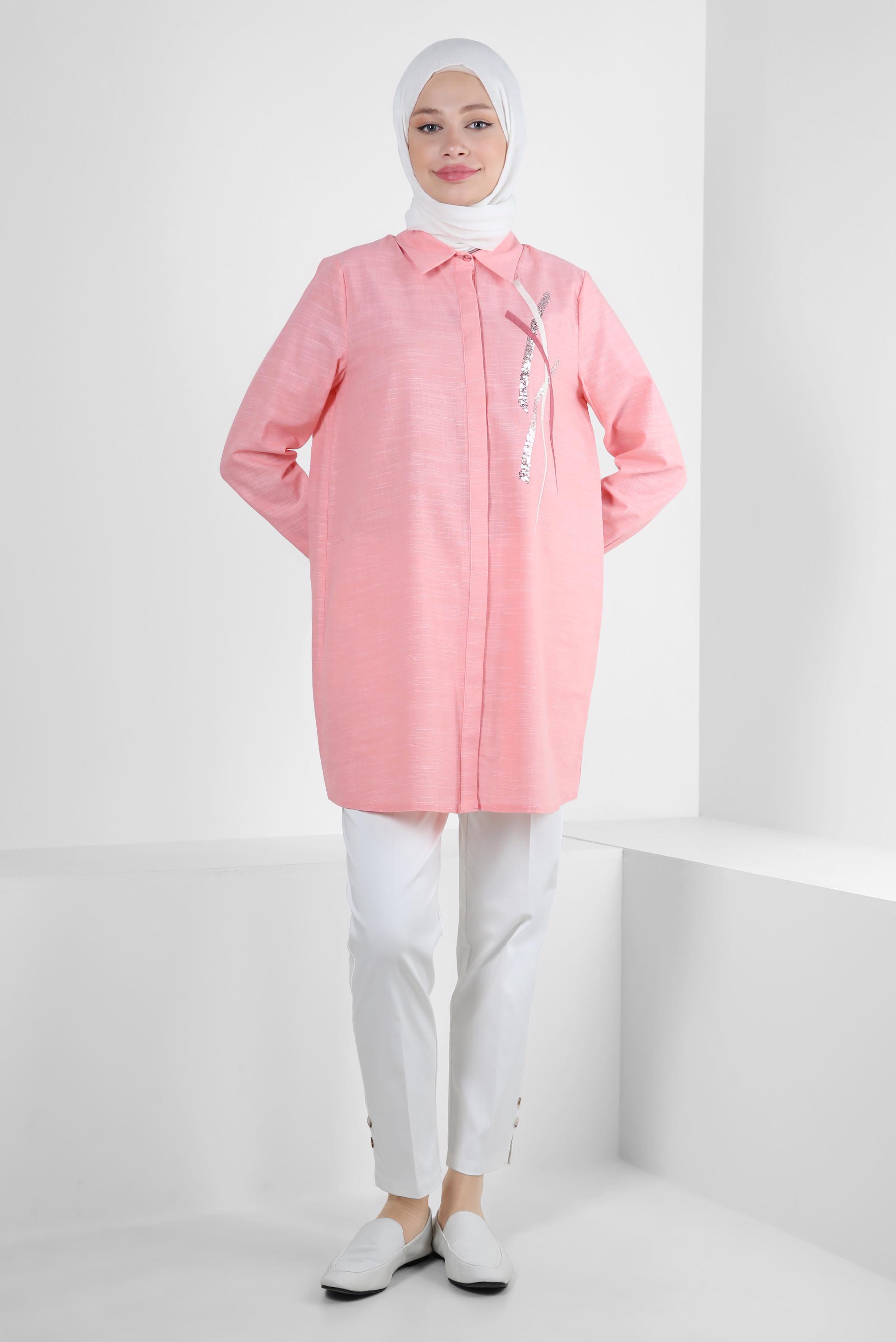 Tesettür giyim PUDRA PUL PAYET DETAYLI GÖMLEK YAKA TUNİK 43925